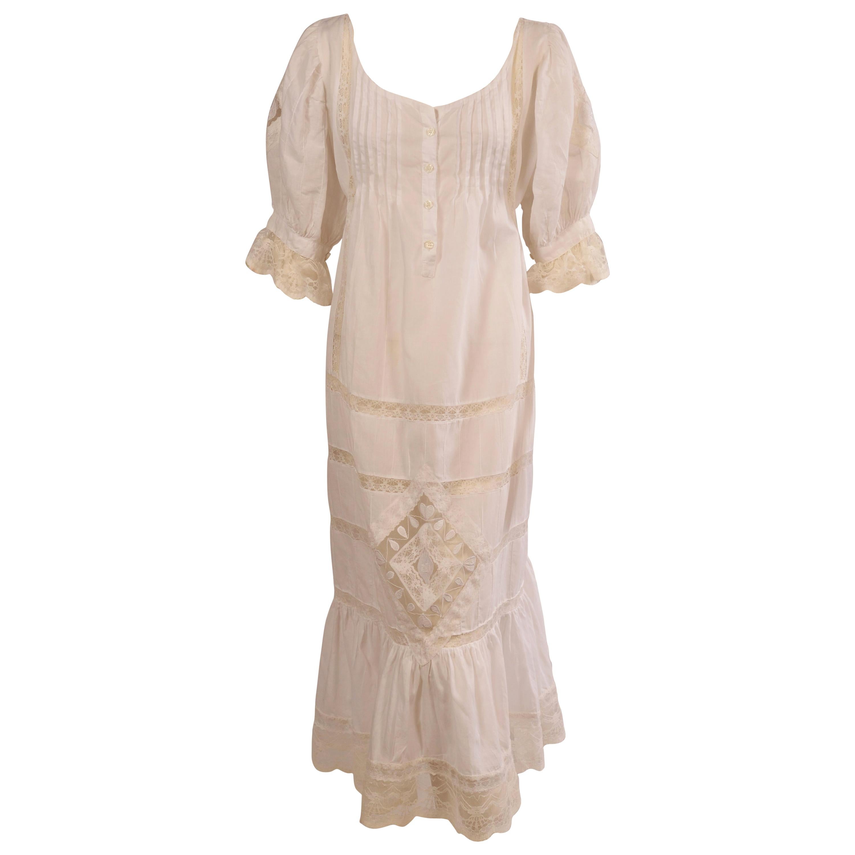 Victorian Inspired White Cotton and Lace Dress circa 1980 For Sale