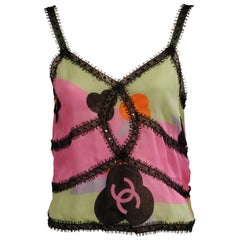 Chanel Printed Silk Camisole Top with Sequins and Lace Trim