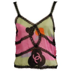Chanel Bedrucktes Seiden-Camisole-Top mit Pailletten und Spitzenbesatz