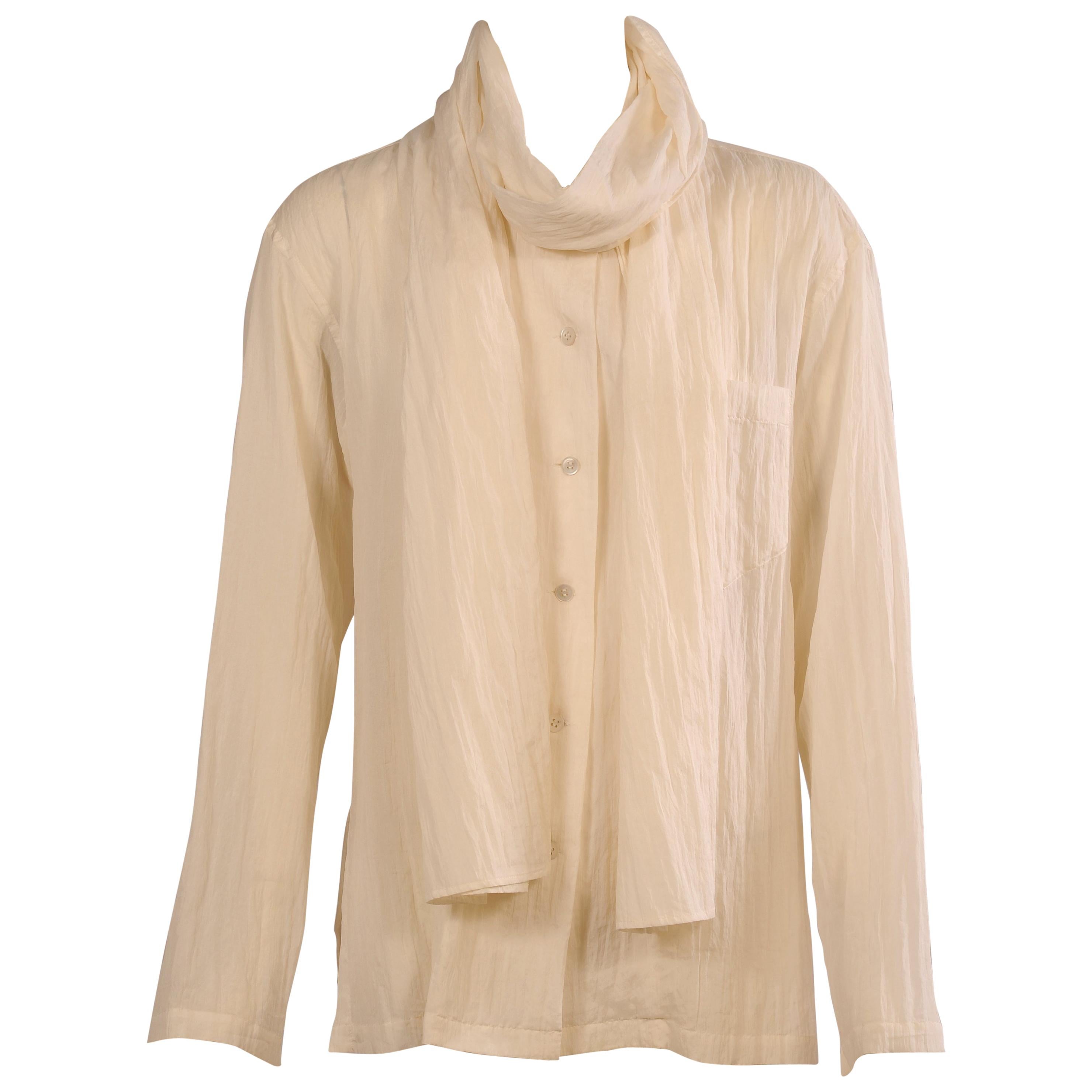 Issey Miyake Cream Silk Blouse with Attached Scarf