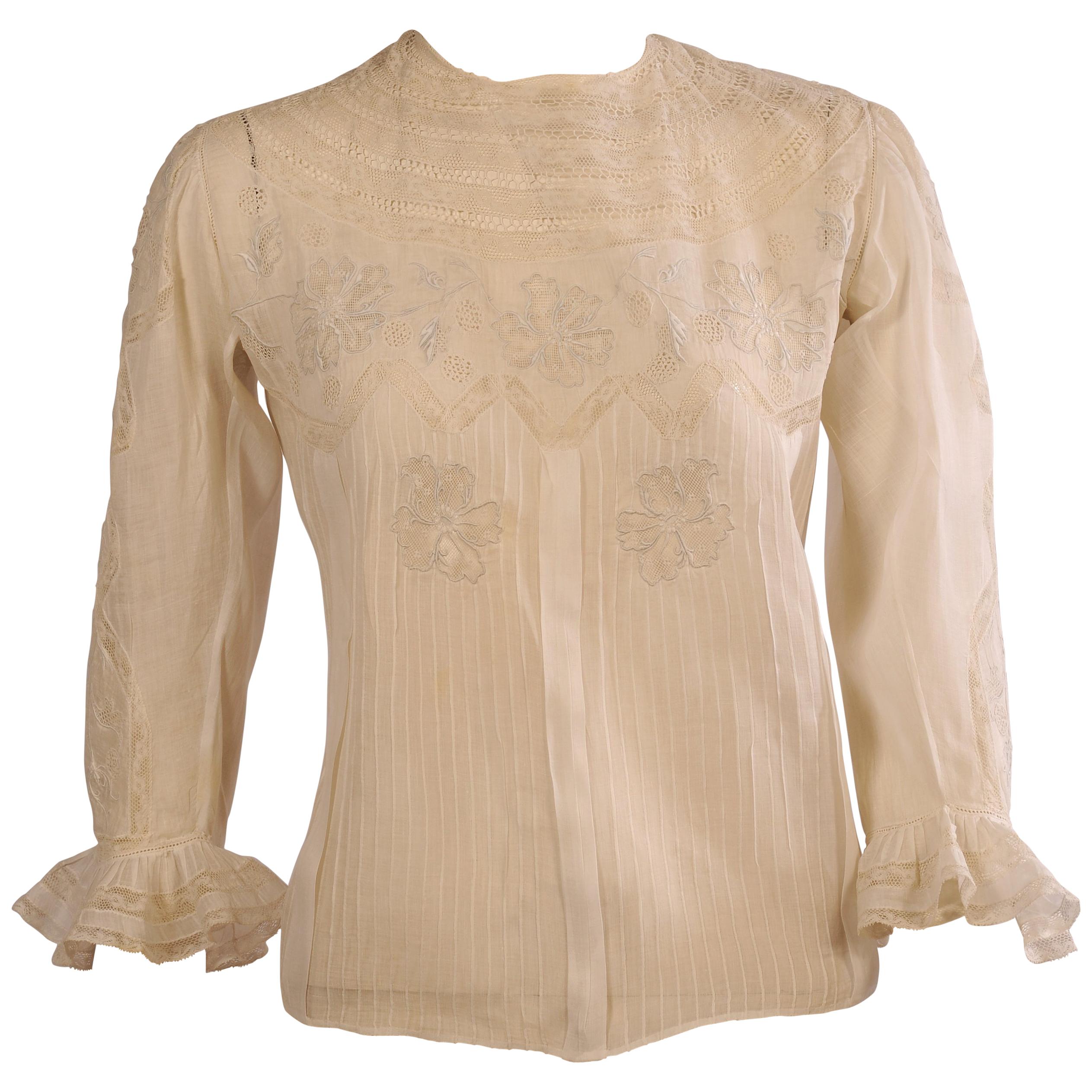 Joseph Enzler Broderie Swiss Handkerchief Linen Blouse with Hand Embroidery For Sale