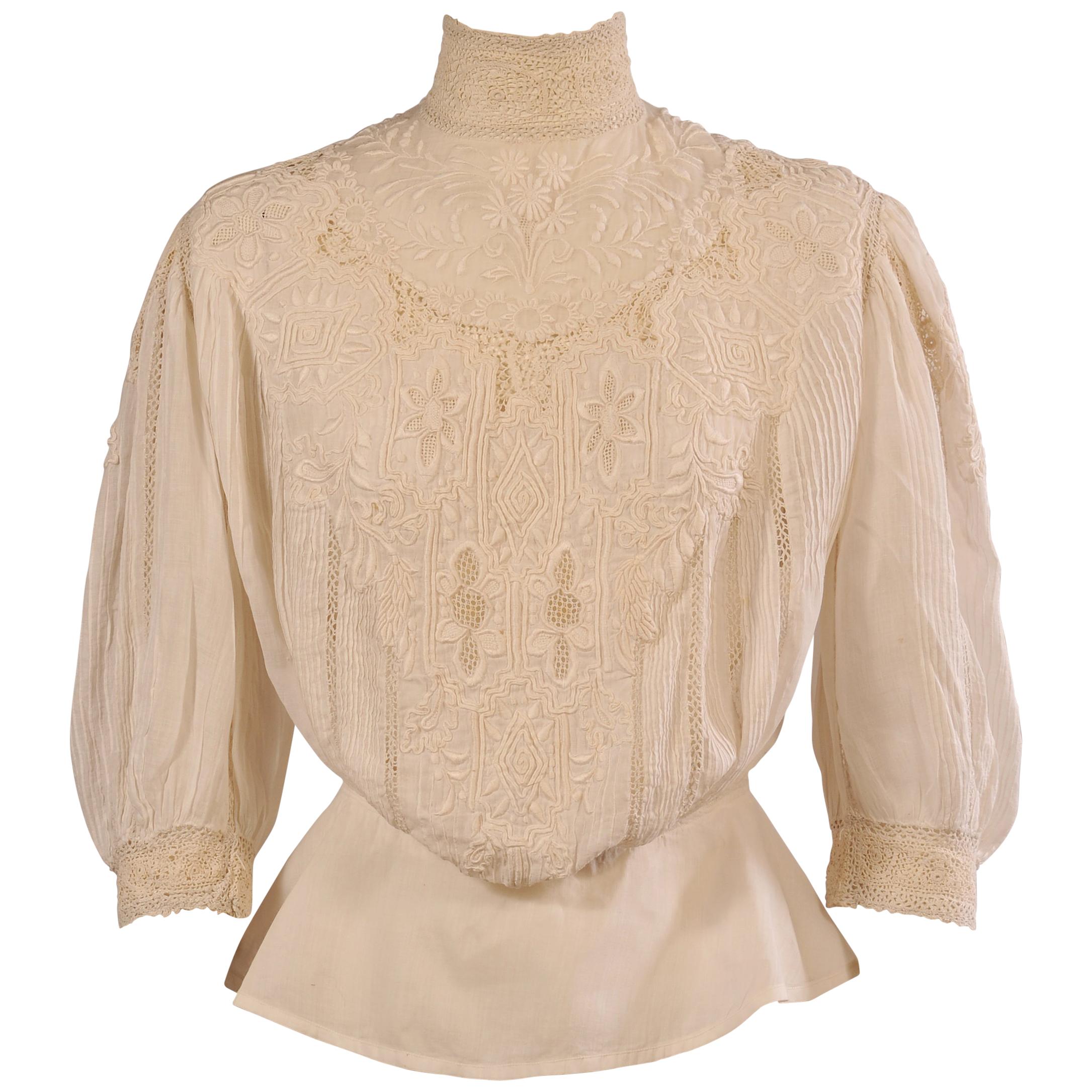 Victorian High Collared Hand Embroidered Linen Blouse