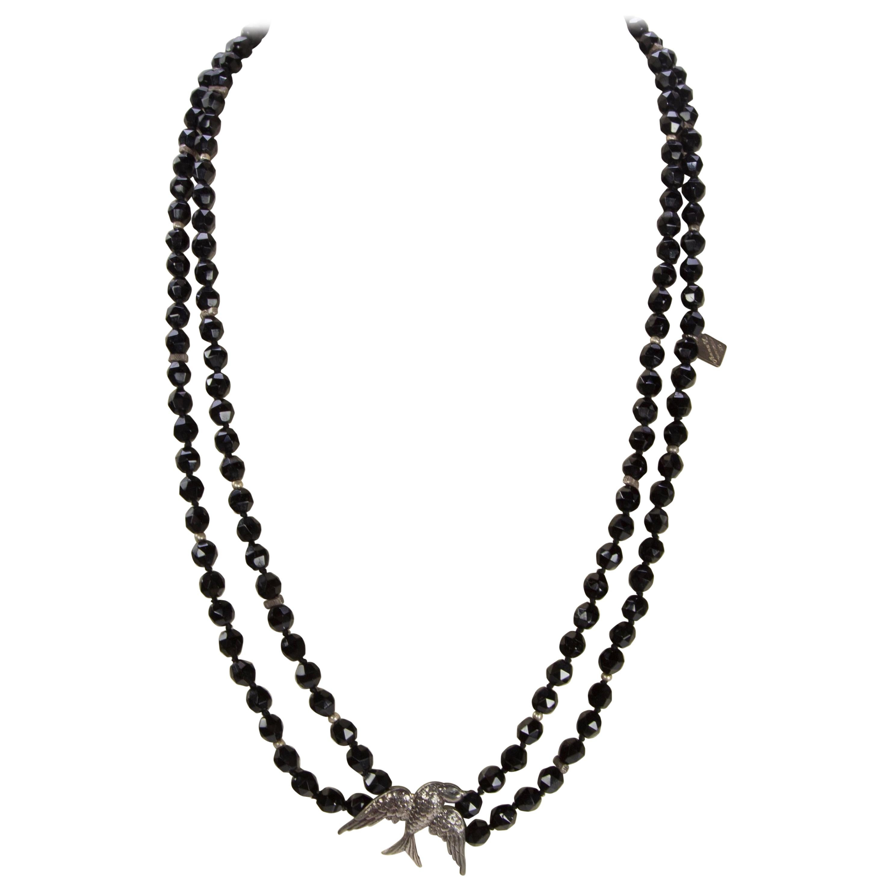 Faceted Onyx Beads and Sterling Silver Swallow Bird Long Necklace 