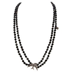 Vintage Faceted Onyx Beads and Sterling Silver Swallow Bird Long Necklace 