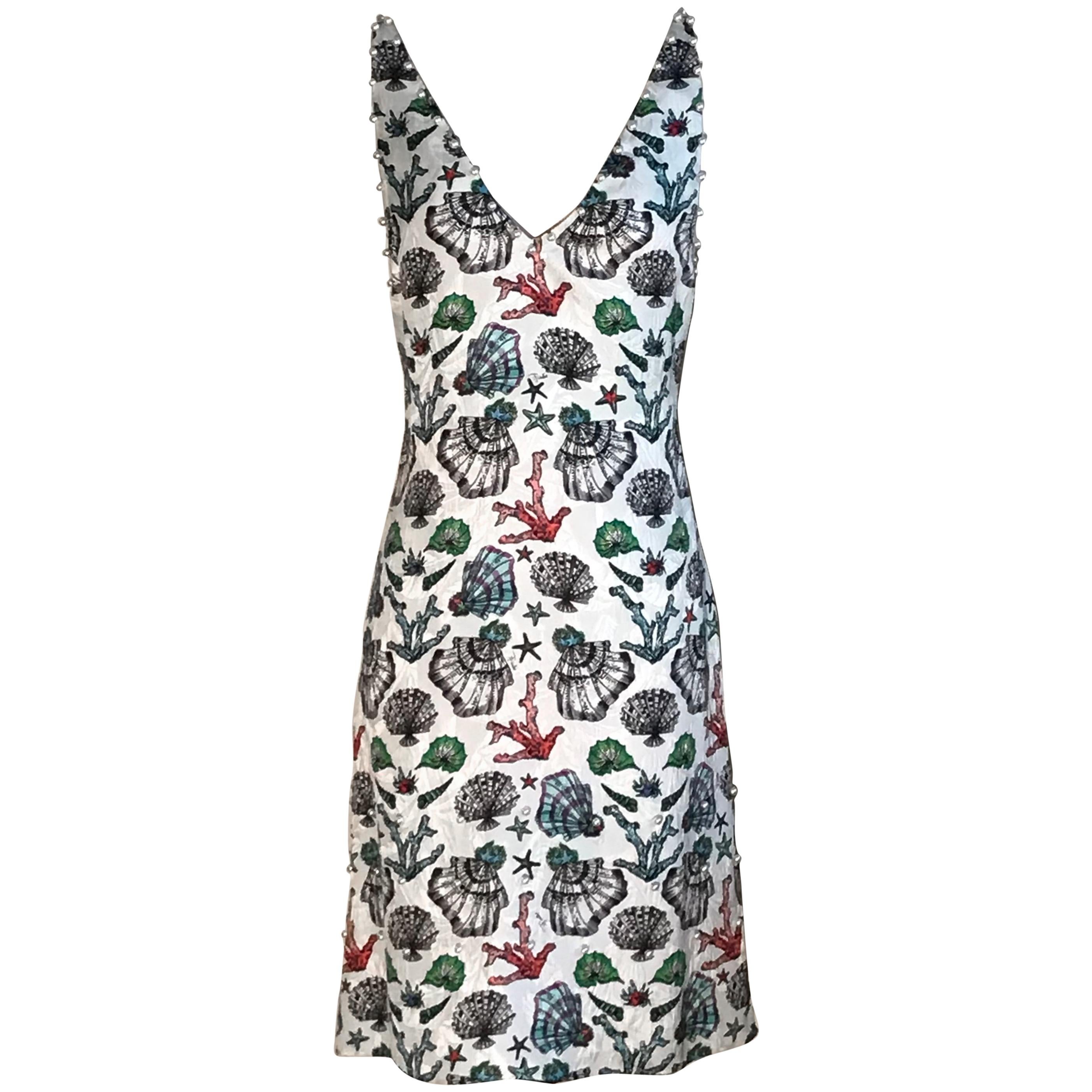 New Emilio Pucci Pearl Embellished Shell Print Multicolor Silk Dress