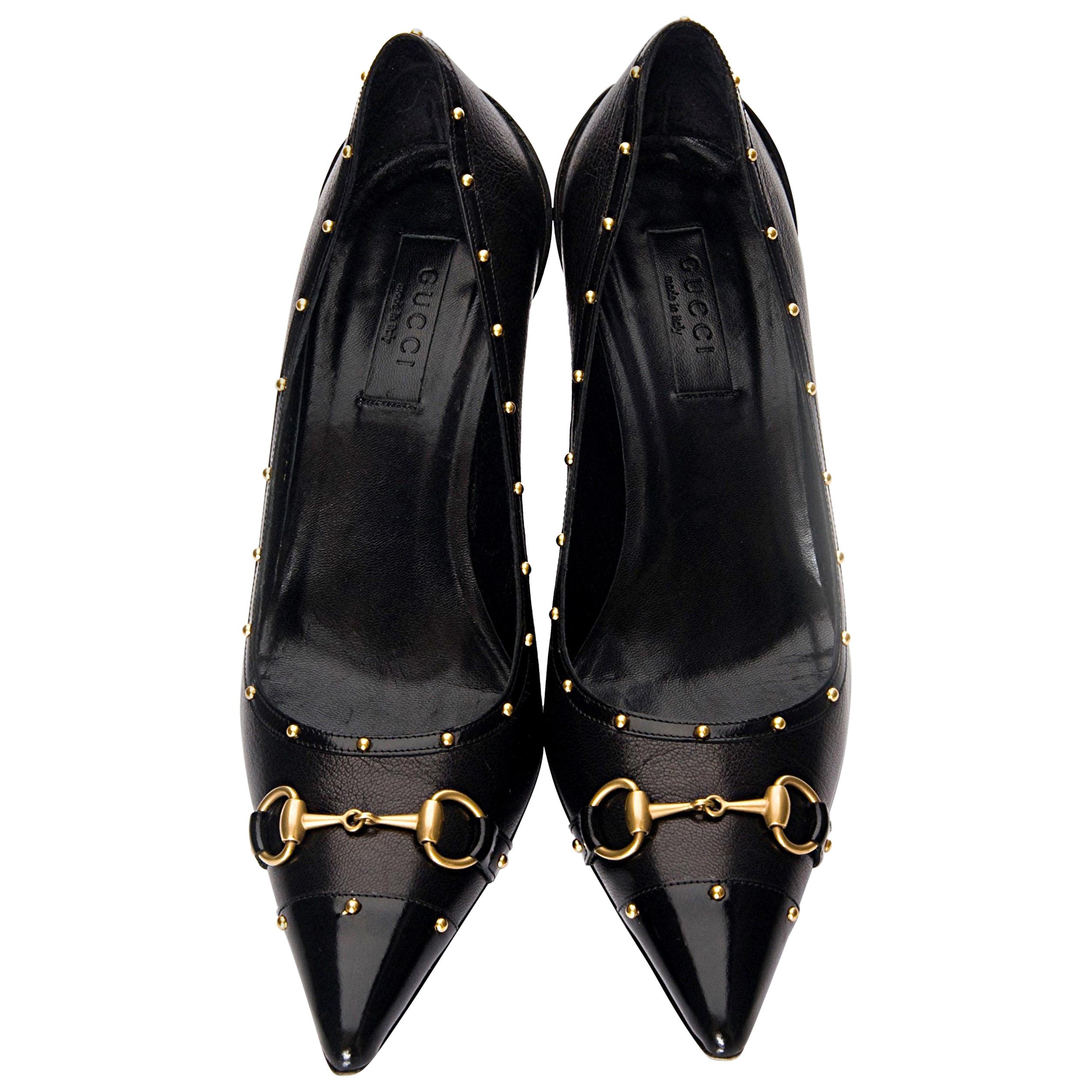 Size 37 Gucci Tom Ford Era Black Leather Horsebit Heels