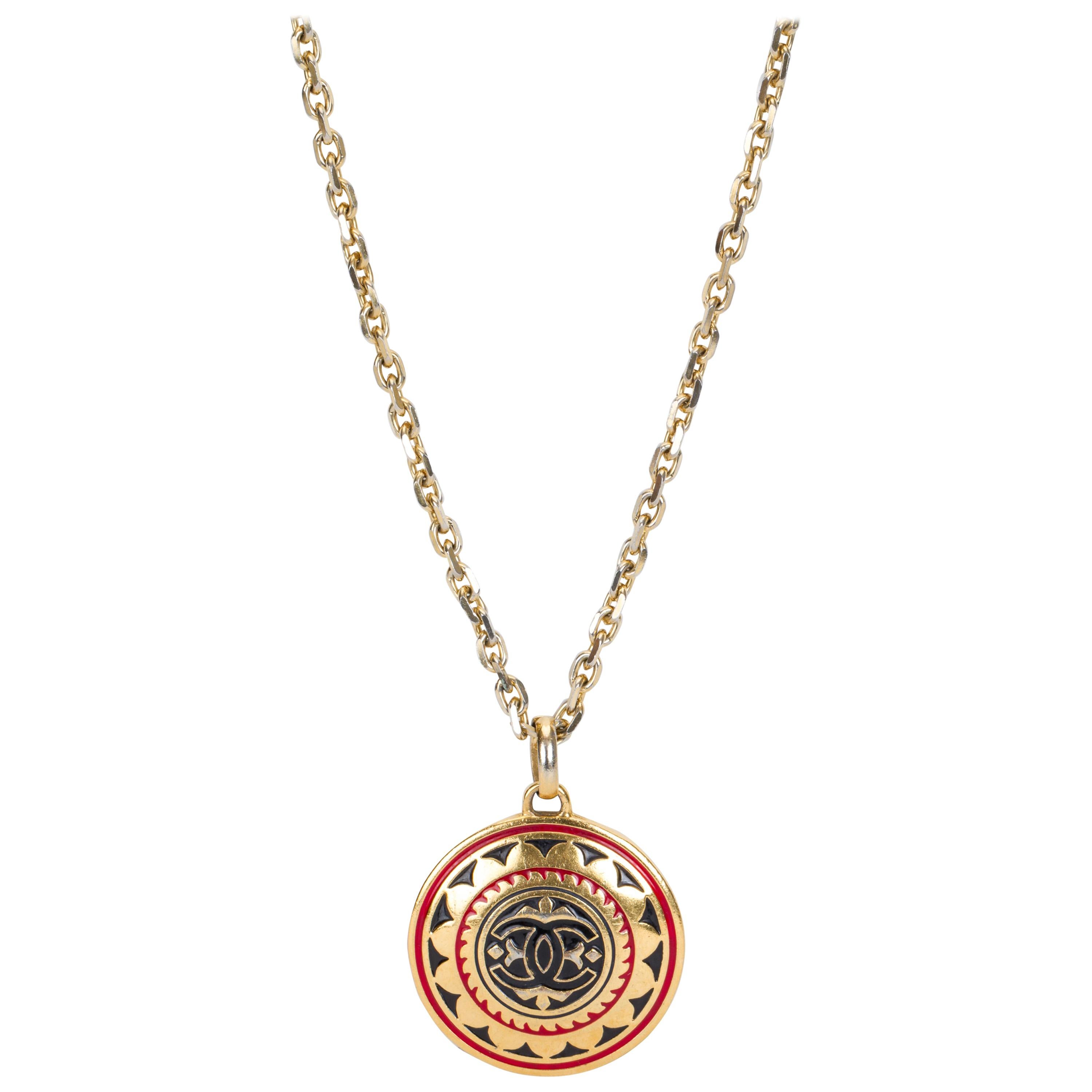 1970s Chanel Enamel Gold Pendant Necklace