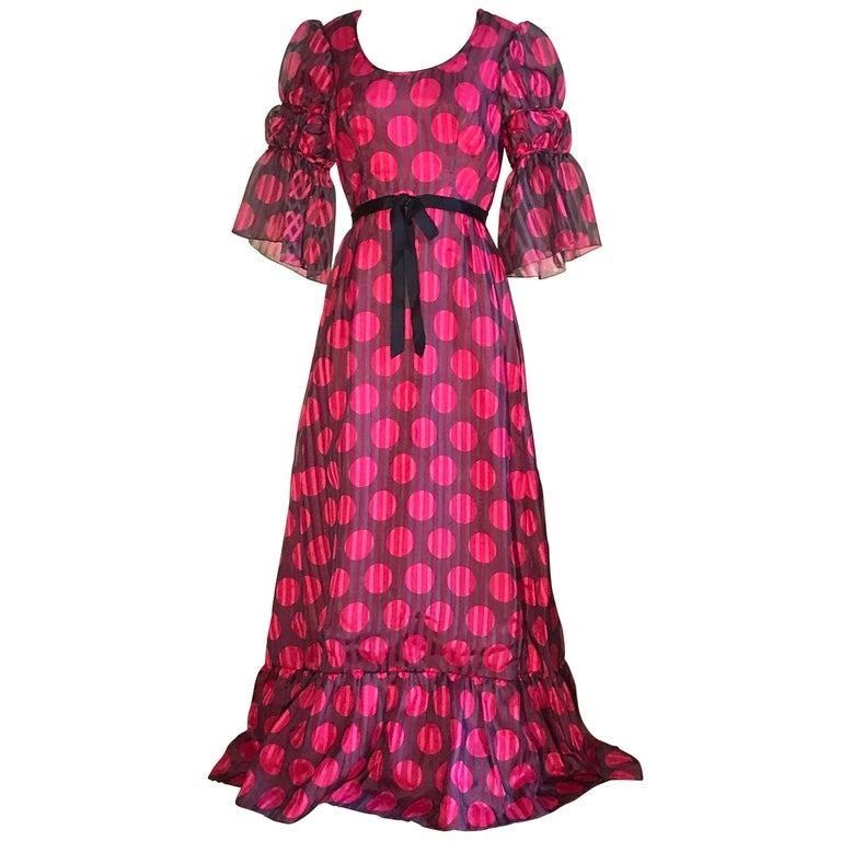 Sarmi 1960s Pink and Brown Polkadot Stripe Dress with Puffed Sleeve Detail  For Sale at 1stDibs | 1960s off the shoulder dress, long puffed bubble  sleeves 1960s