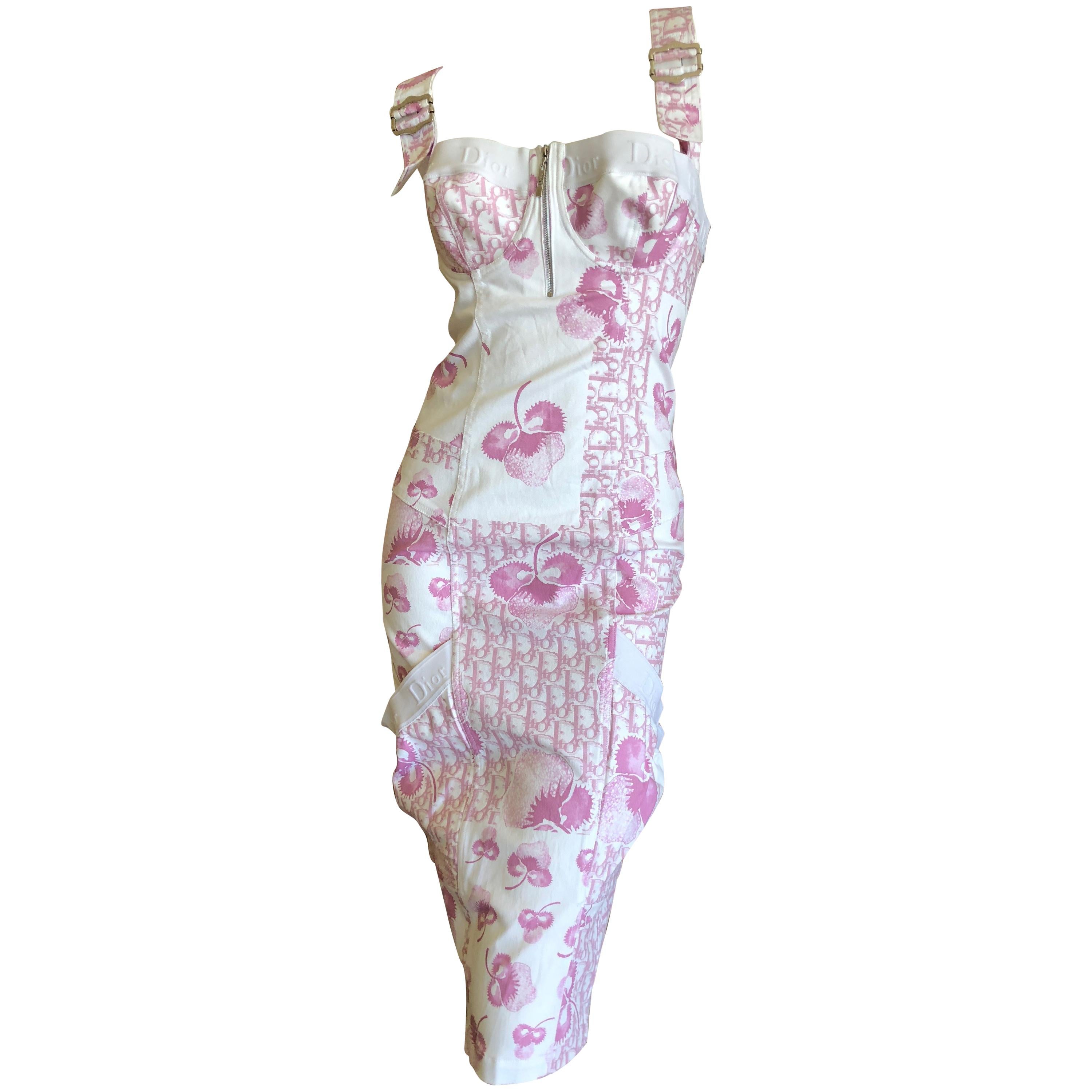 Christian Dior by John Galliano Pink and White Cherry Blossom Logo Dress For Sale