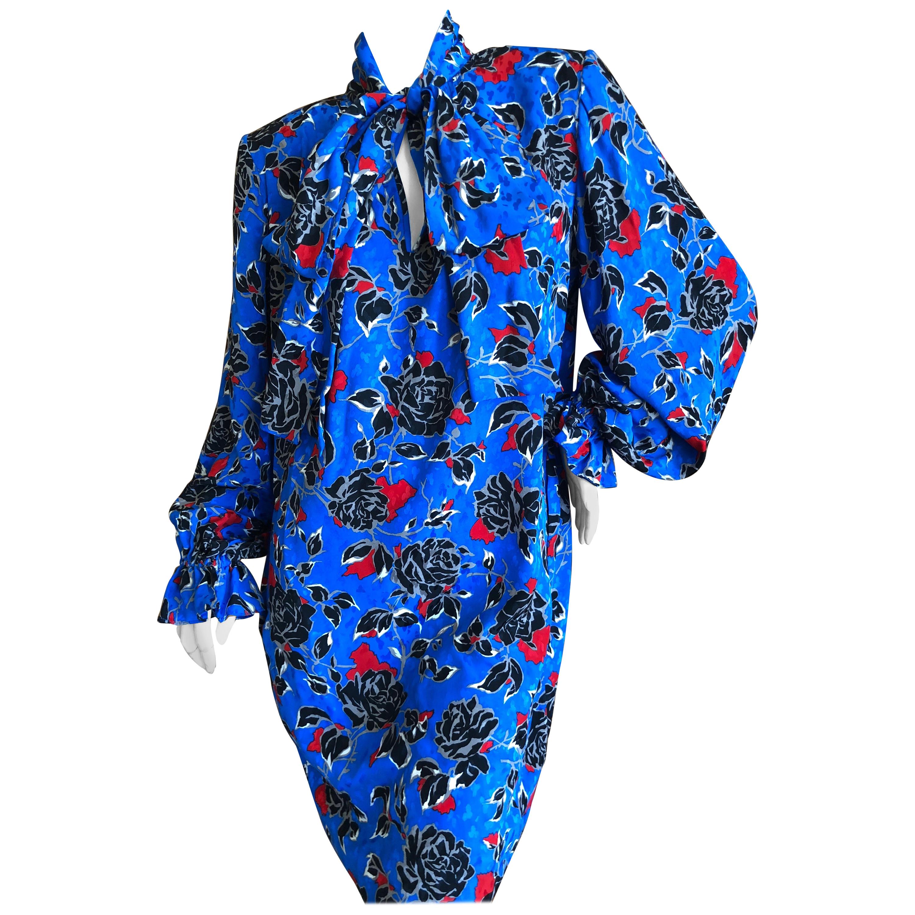 Yves Saint Laurent Rive Gauche 70's Silk Poet Sleeve Dress with Keyhole and Bow For Sale