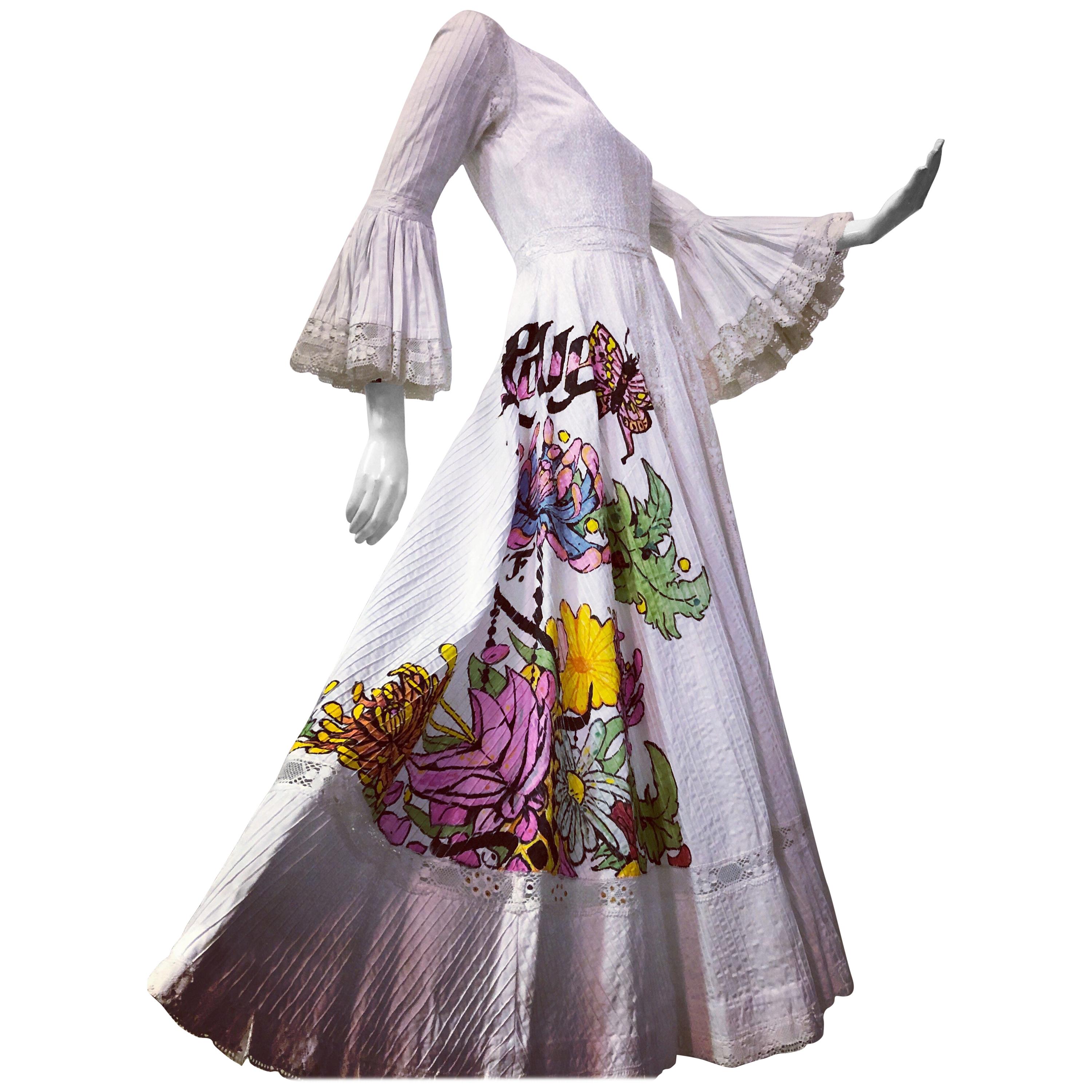 Robe longue en coton mexicain Summer Of Love avec fleurs peintes à la main, 1970  en vente