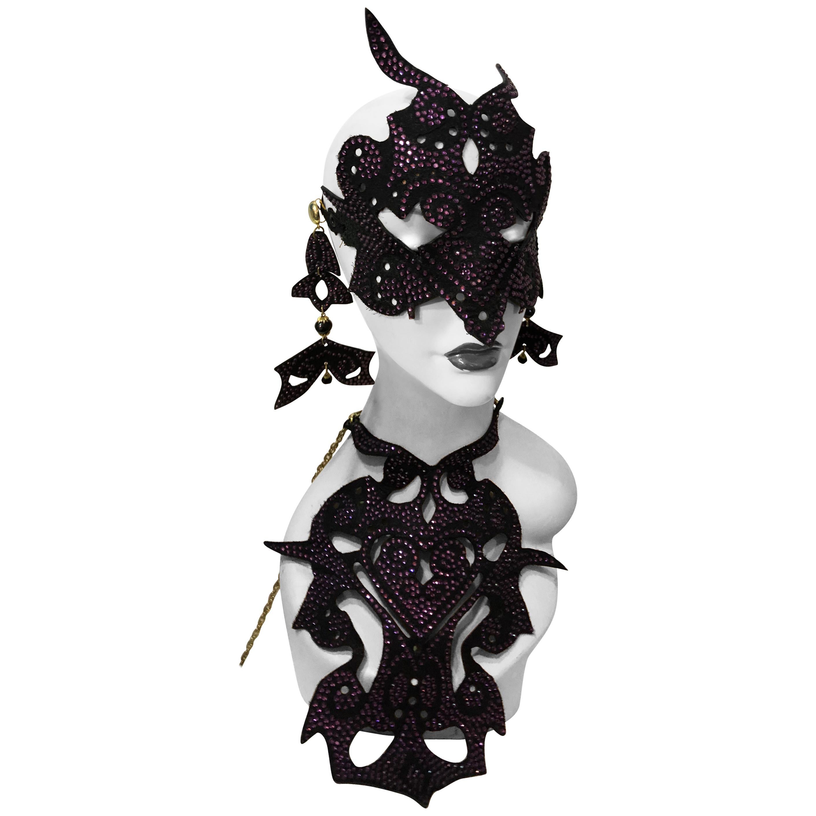  Leather Mask & Earrings With Bib Necklace With Purple Crystals - Custom Made 