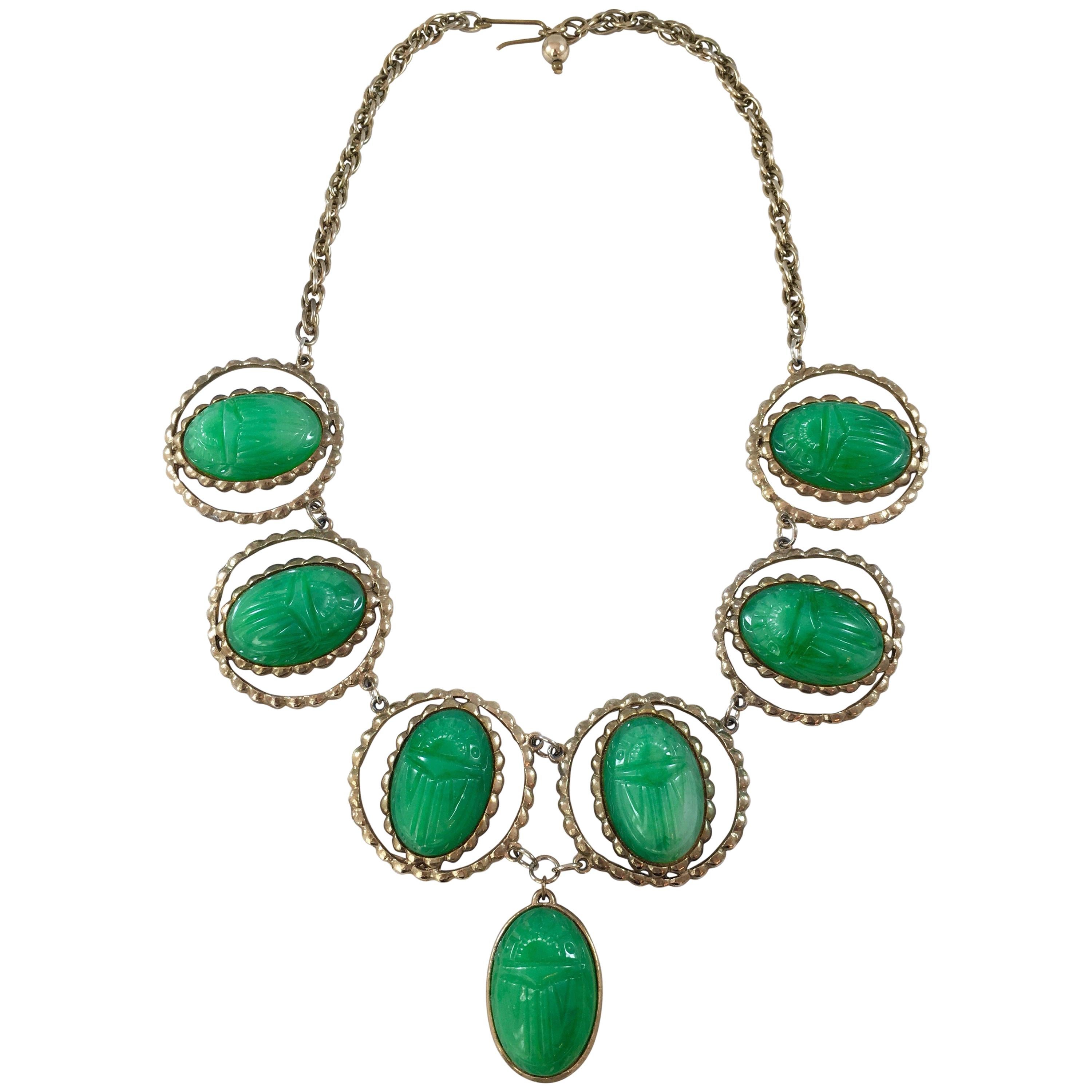 Egyptian Revival Large Green Scarab Necklace