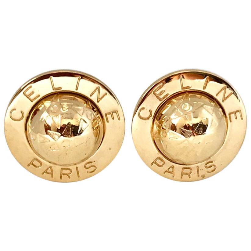 Celine 1990s Gold Plated Globe Clip on Oversized Statement Earrings - 1992