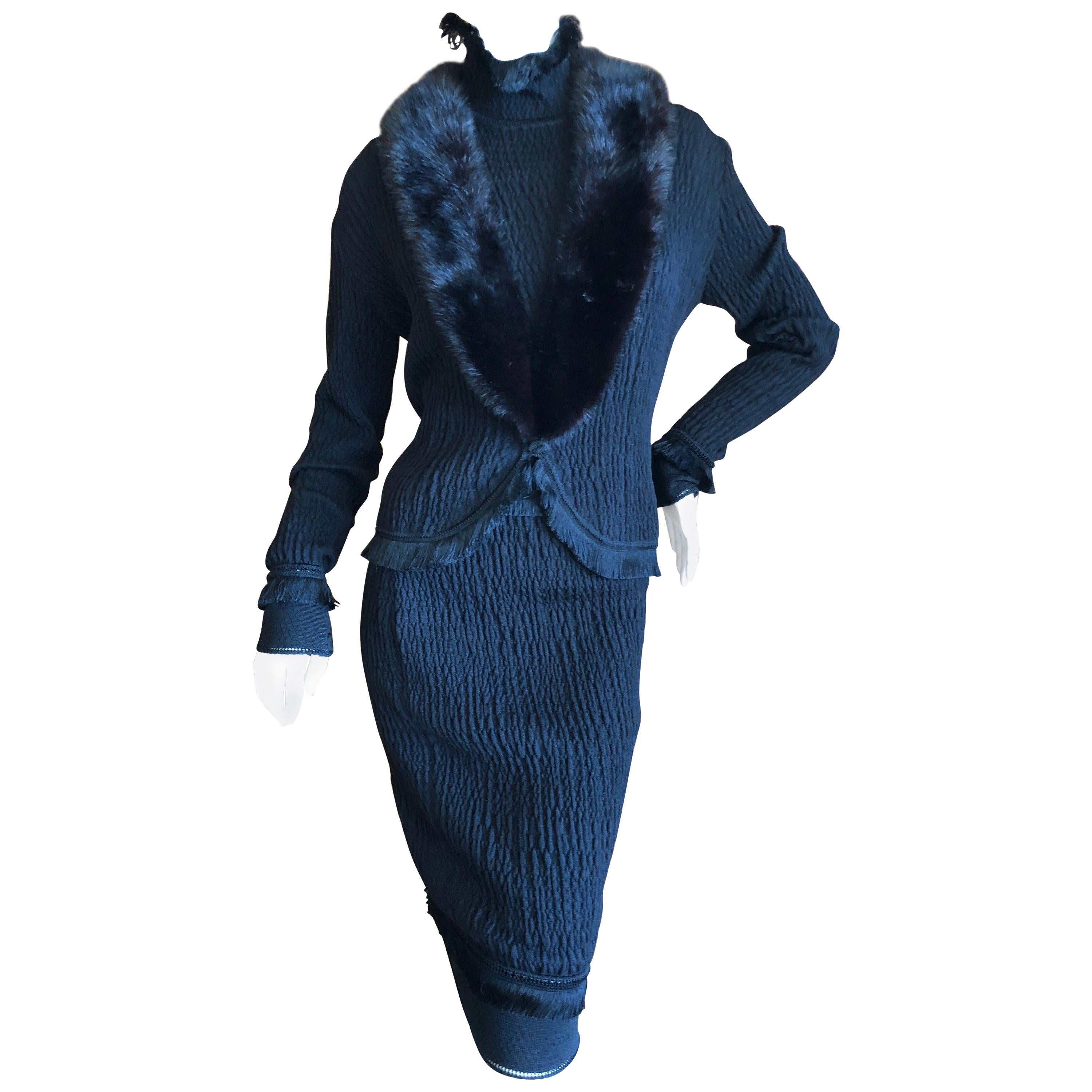 John Galliano Black Fringed Dress with Matching Wide Mink Collar Sweater, 1990s  For Sale