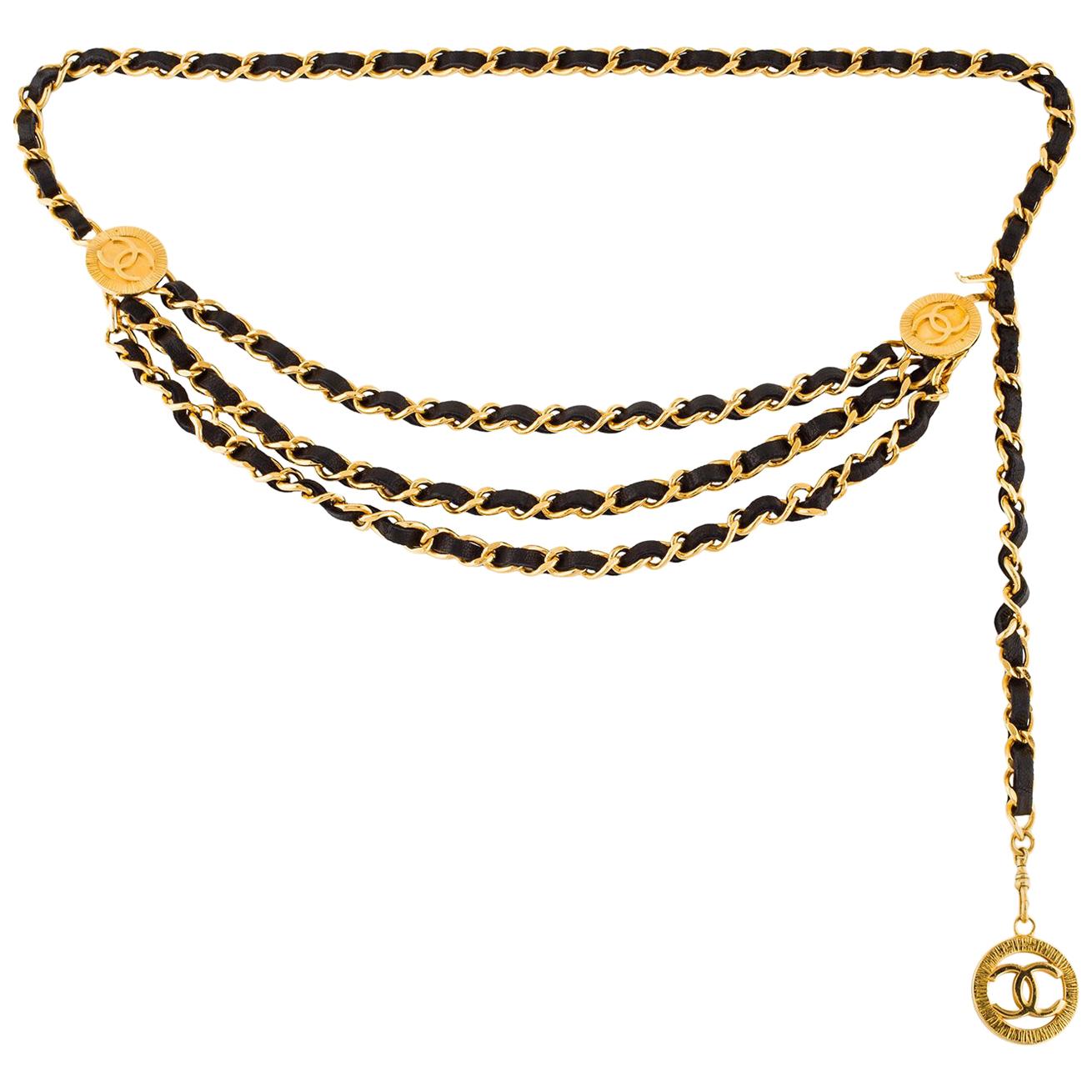1980s Chanel Triple Strand Leather Chain Belt