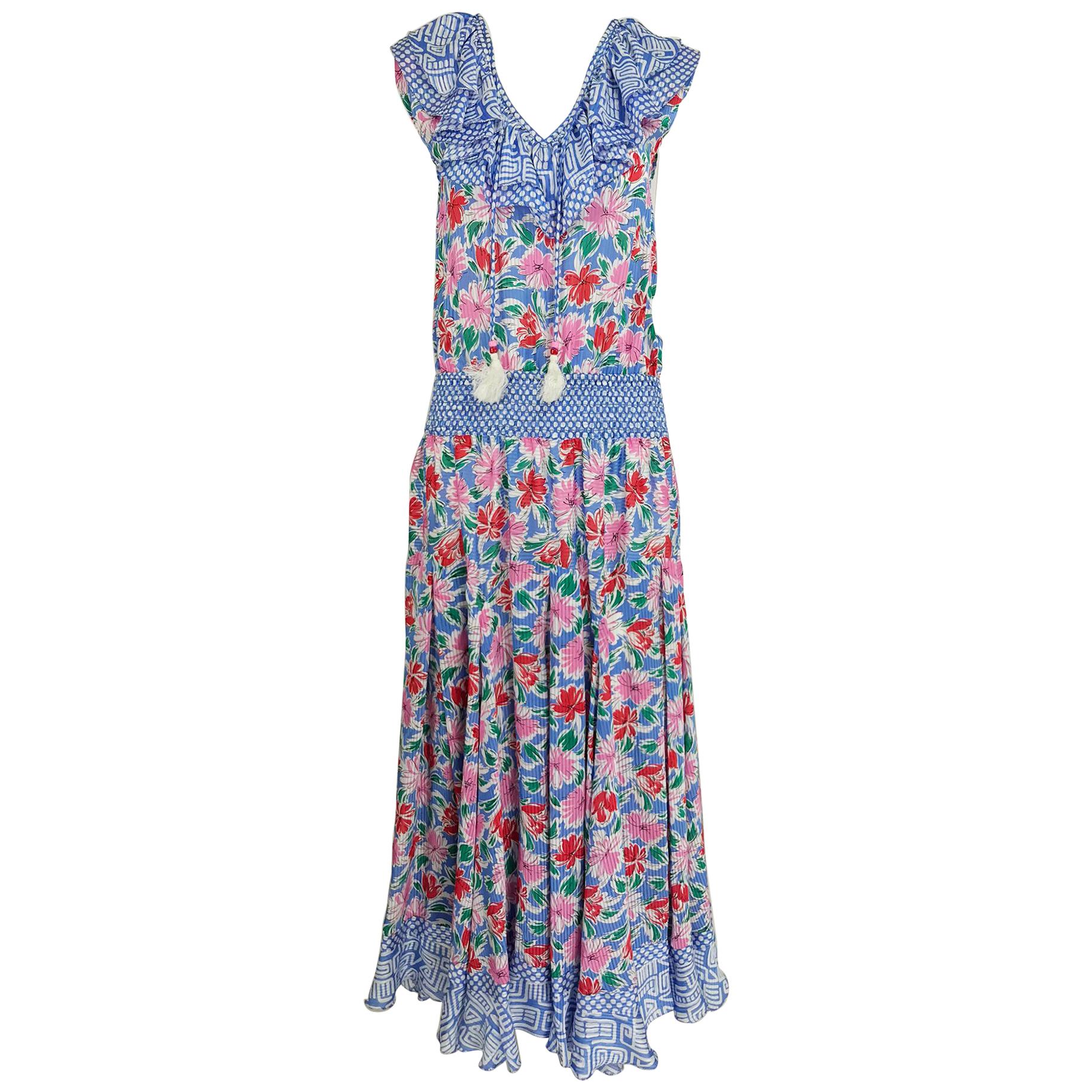 Diane Fres smocked waist mixed print floral midi dress 1980s