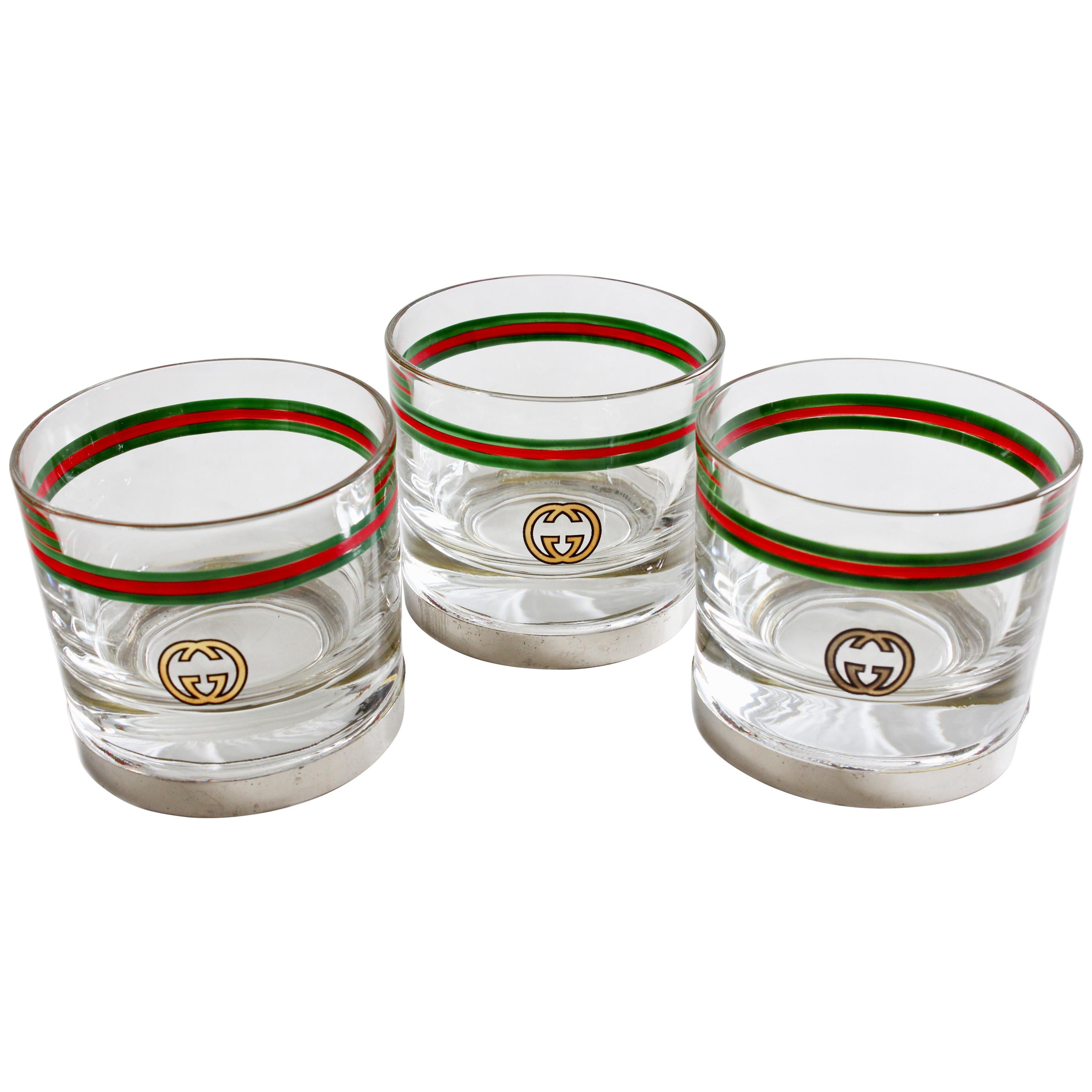 Rare Gucci Cocktail Glasses Barware Set of 3 with Silver Base Vintage 70s 