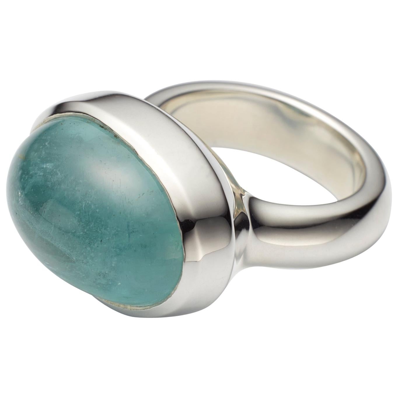 Aquamarine Cabochon Sterling Silver Ring For Sale