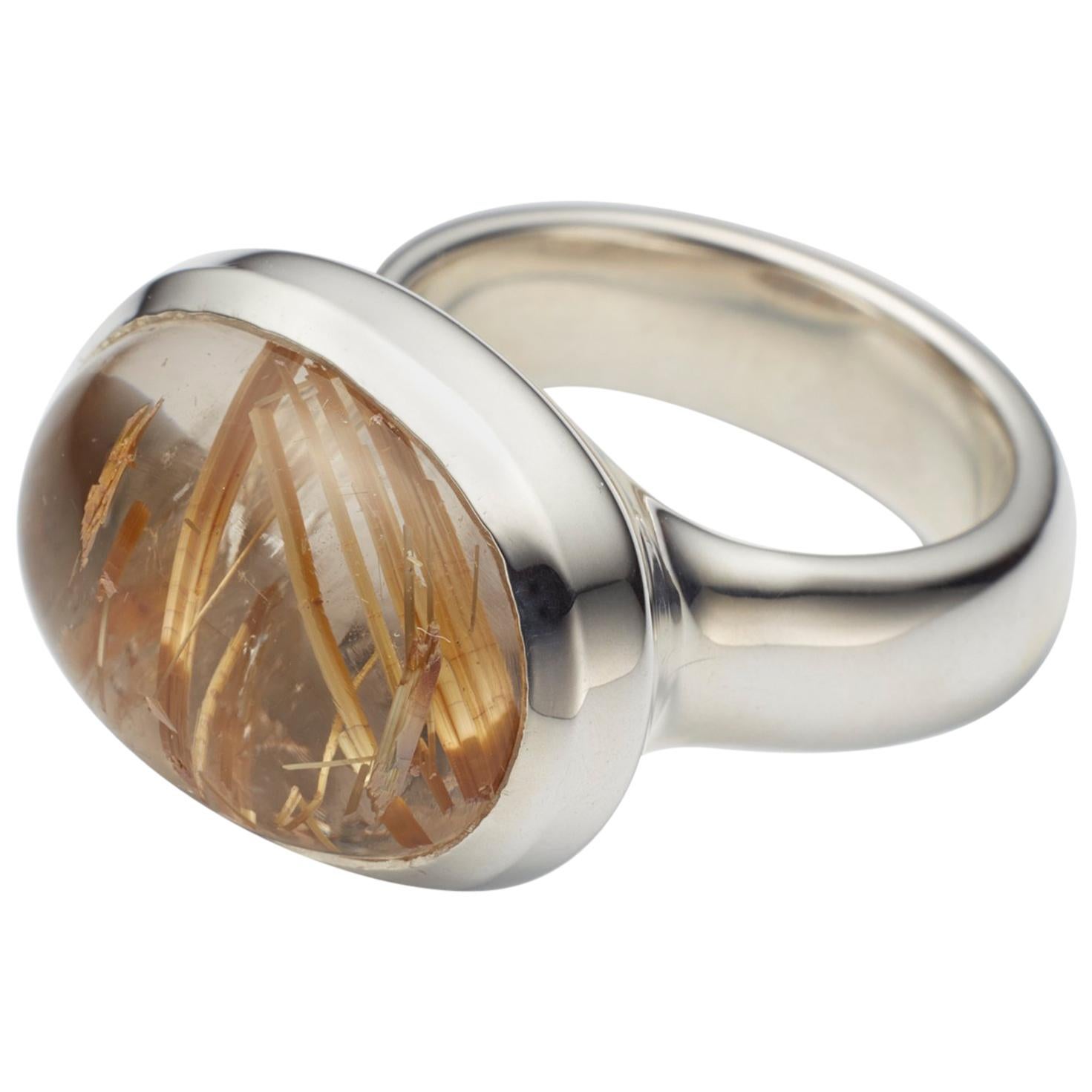 Golden Brazilian Rutilated Quartz Cabochon Sterling Silver Ring For Sale