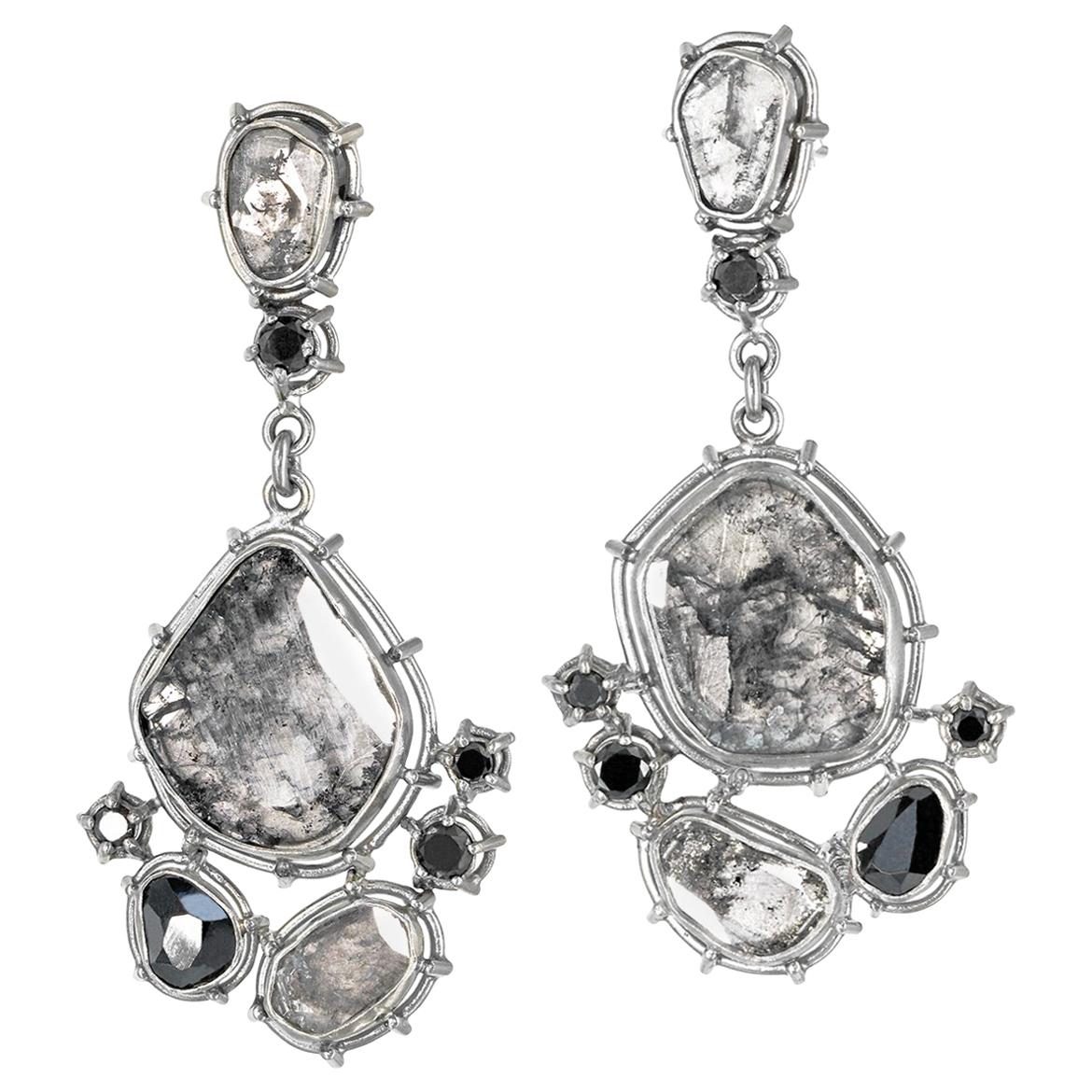 One of a Kind Grey and Black Diamond Palladium Gold Drop Earrings