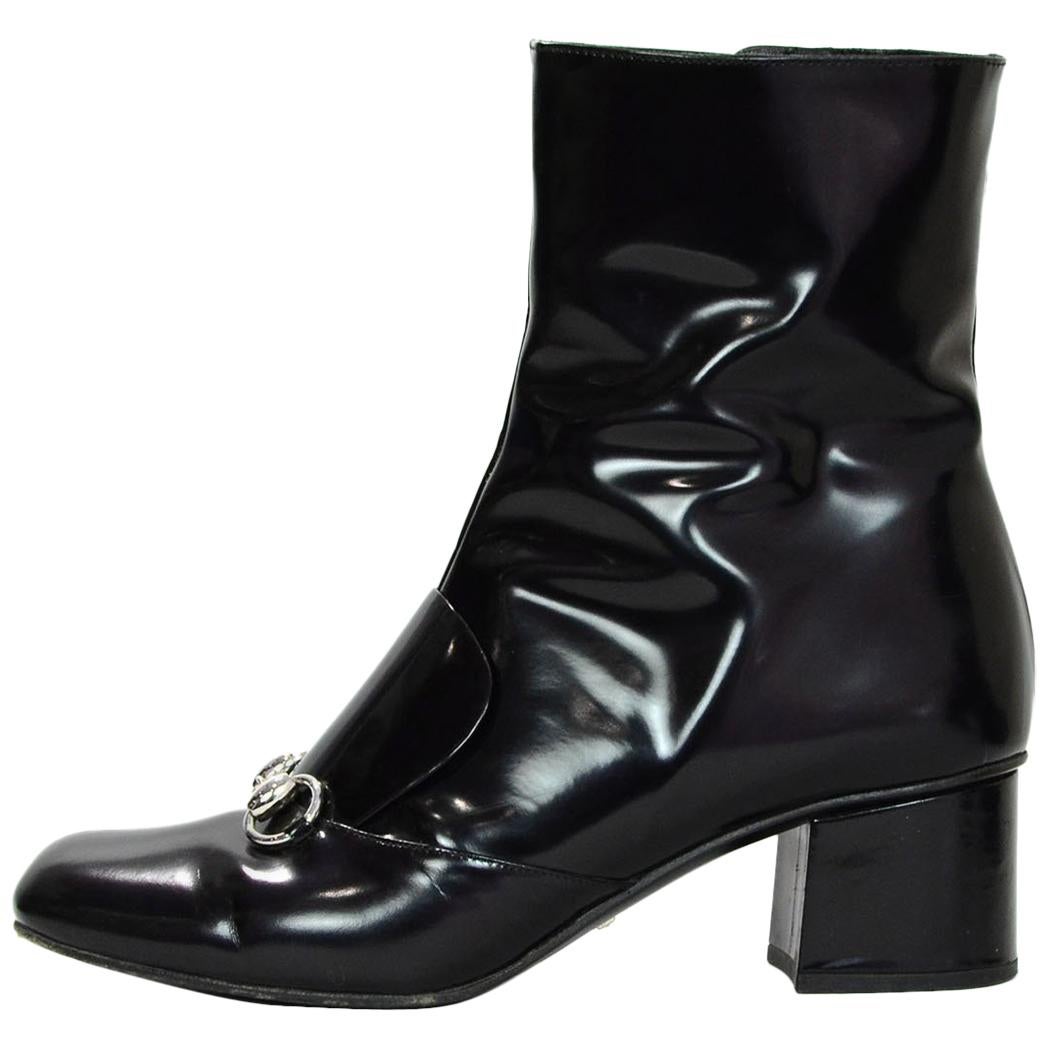 Gucci Black Polished Leather Regent Horsebit Ankle Boots Sz 40