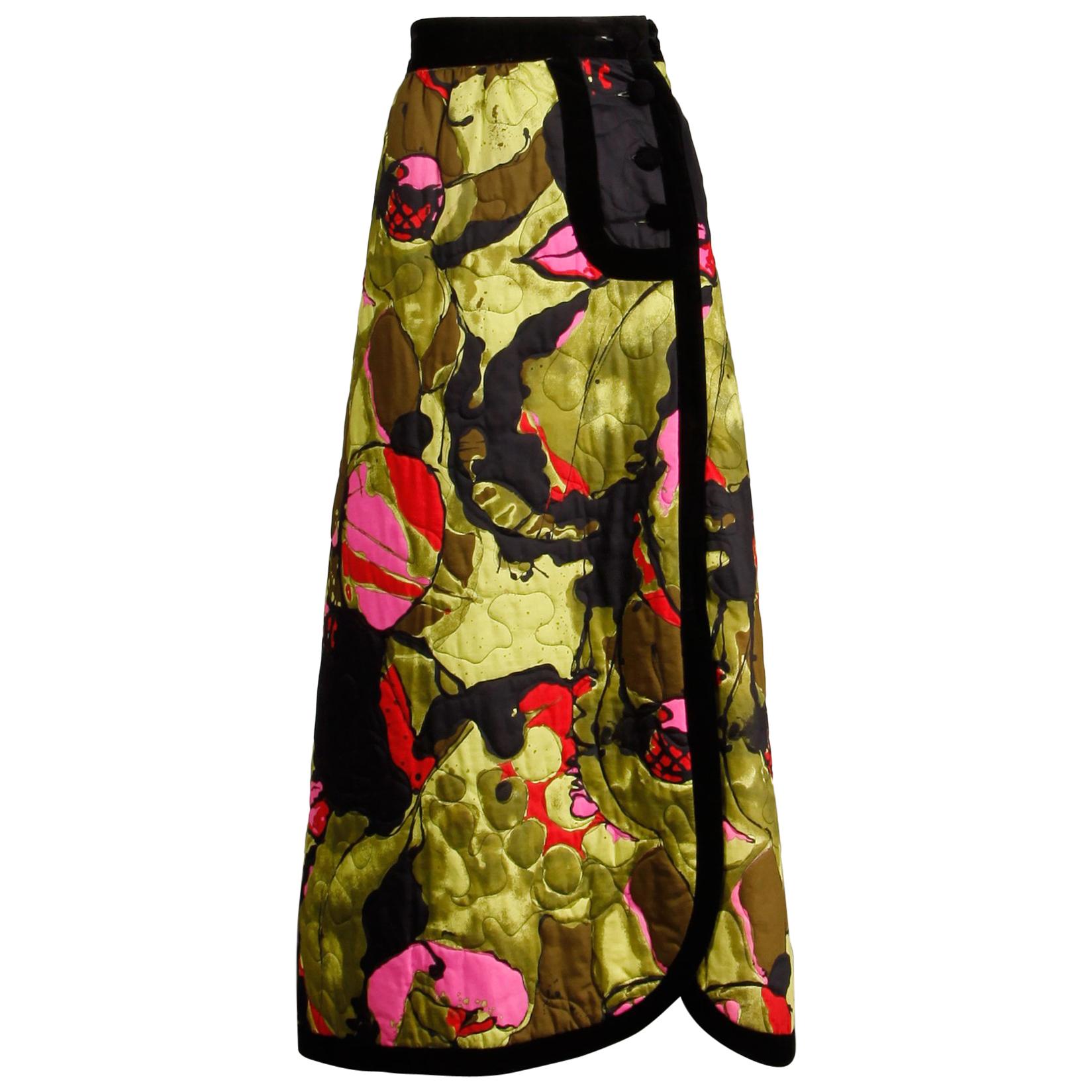 1970s Dynasty Vintage Quilted Silk + Velvet Maxi Skirt in Green Black Pink + Red