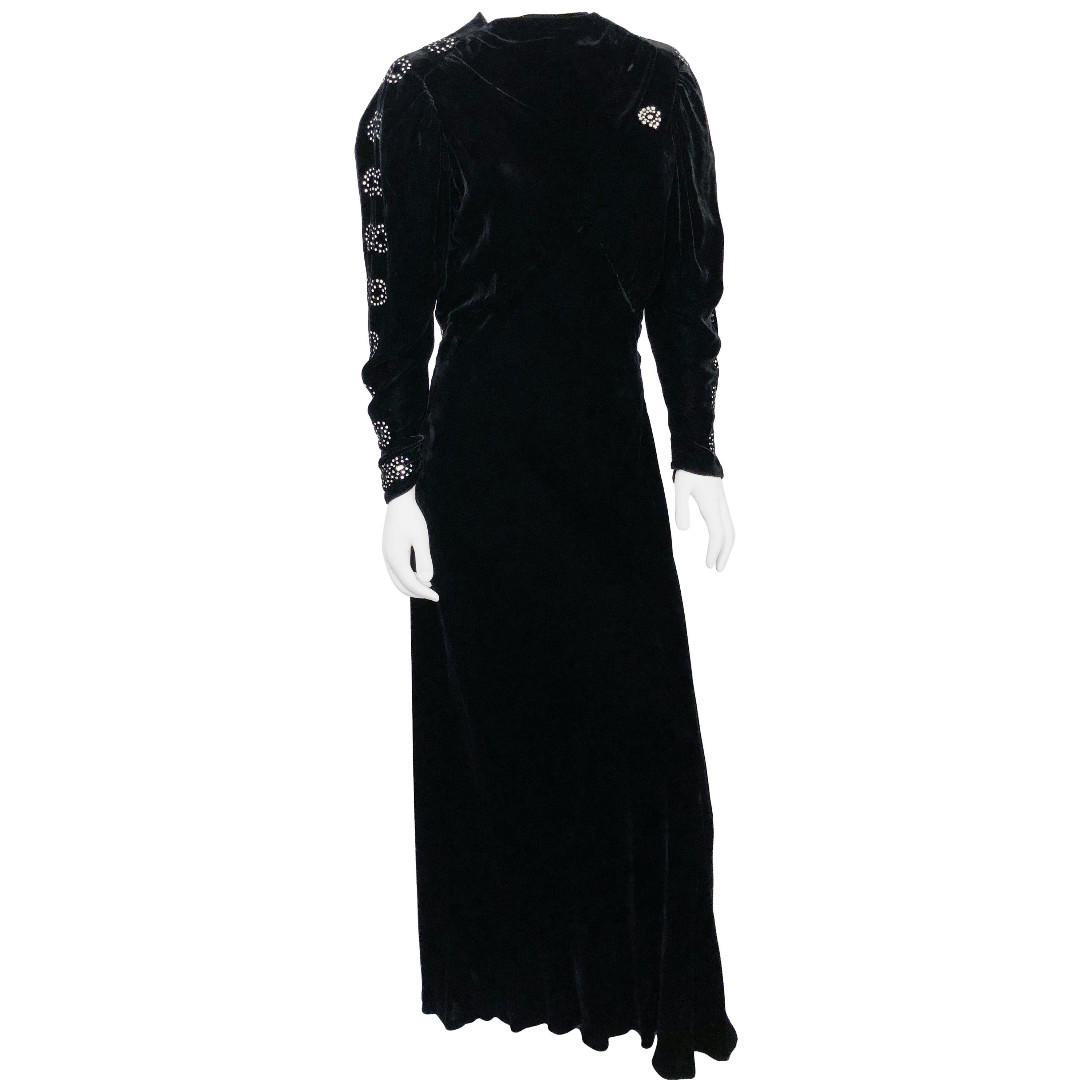 Black Silk Velvet Gown with Rhinestone Accents, 1930s  For Sale