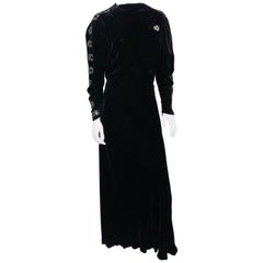 Black Silk Velvet Gown with Rhinestone Accents, 1930s 