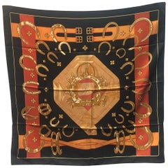 Hermes Retro Porte Bonheur Silk Scarf in Black c1970s