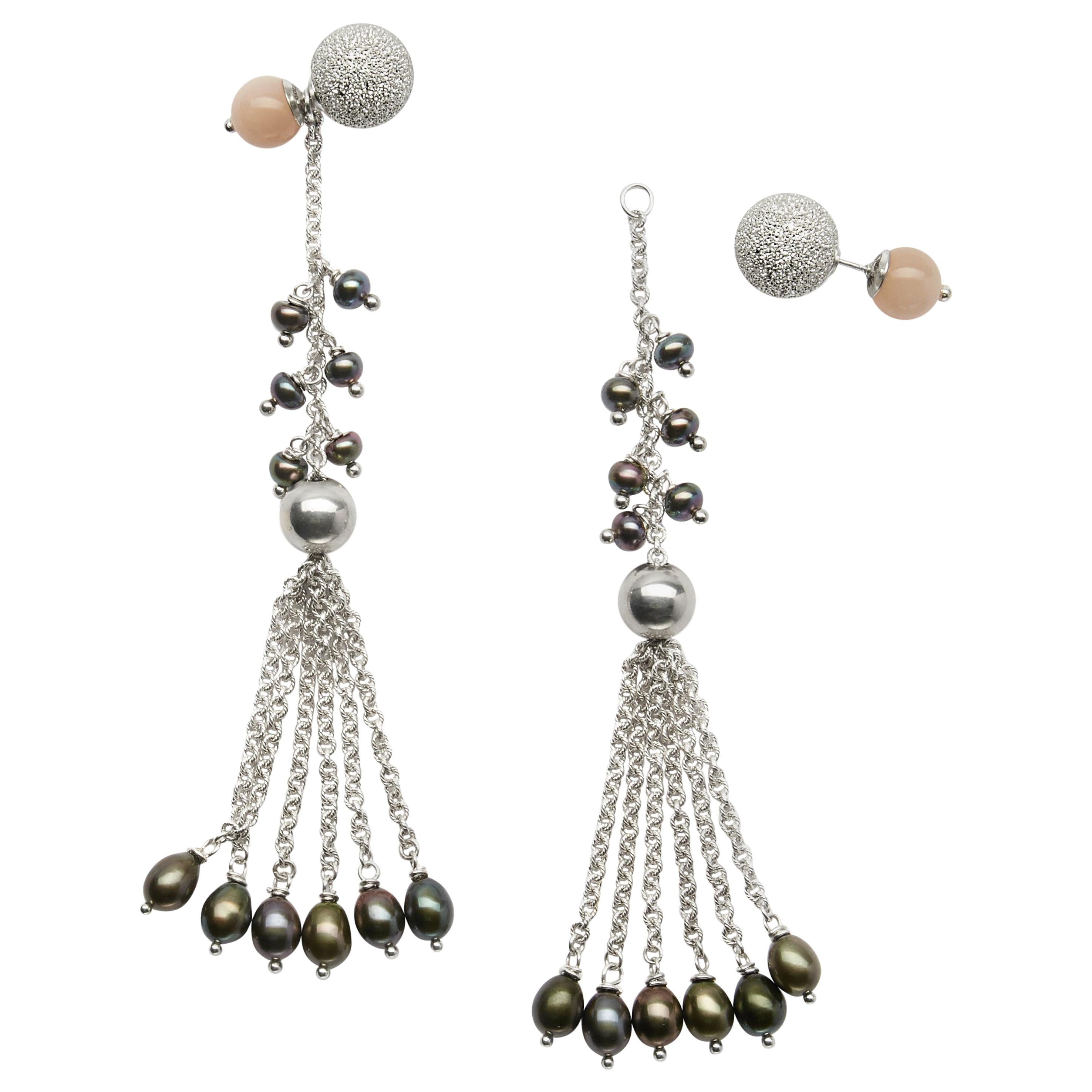 Rock Lily ( NEW ) Pearl & Peach Moonstone Detachable Tassel Stud Drop Earrings   For Sale