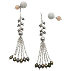 Rock Lily ( NEW ) Pearl & Peach Moonstone Detachable Tassel Stud Drop Earrings  