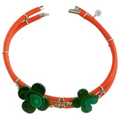 Rock Lily ( NEW ) Orange Leather Double Choker With Malachite Clovers