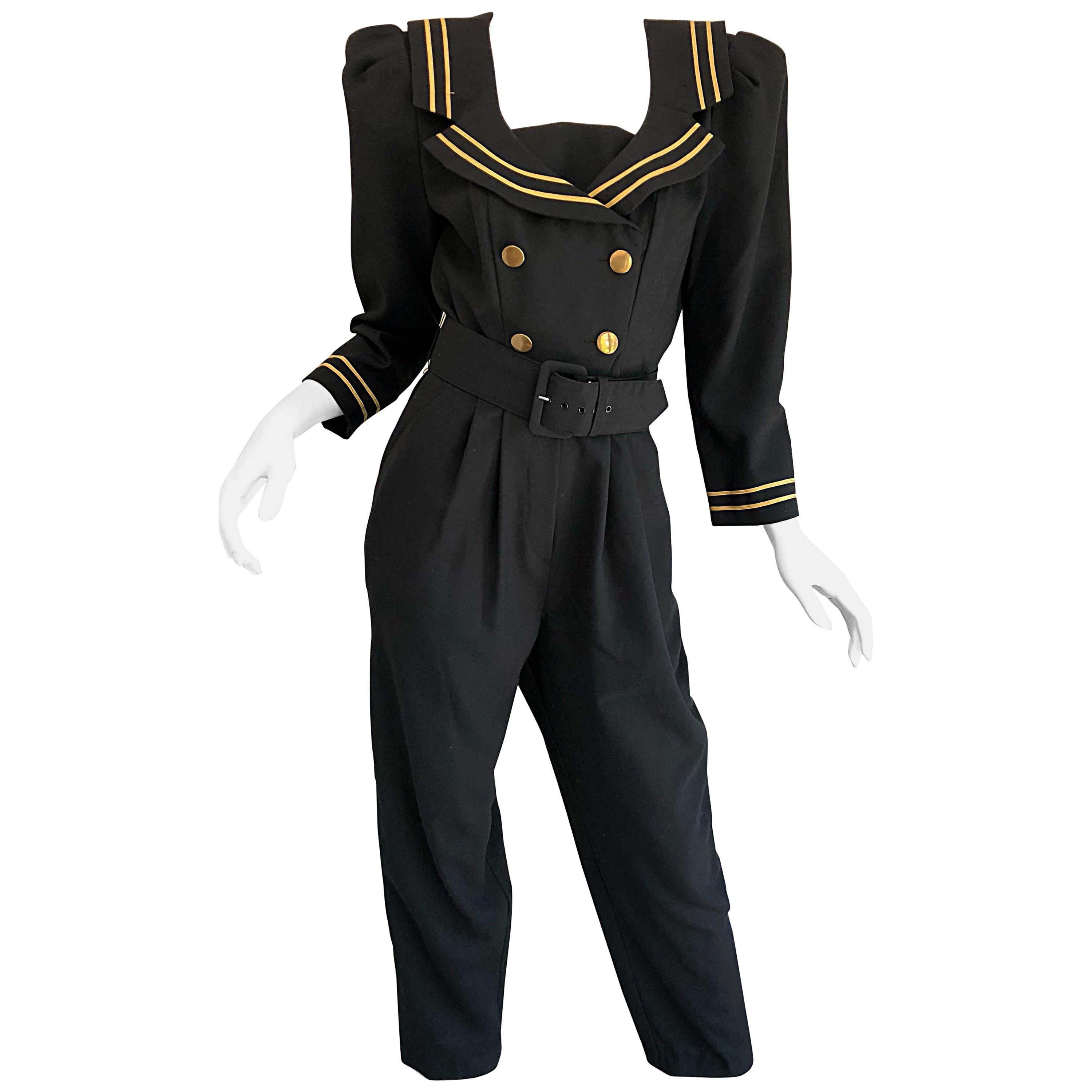Incredible Vintage Black  + Gold Belted Nautical Long Sleeve Trouser Jumpsuit