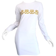 1990s Bill Blass Logo Mania White + Gold Vintage 90s Sweatshirt Dress Medium