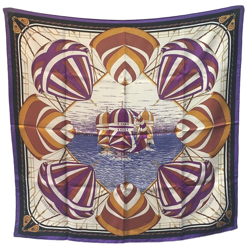 Hermes Vintage Purples and Gold Spinnaker Silk Scarf, circa 1980s