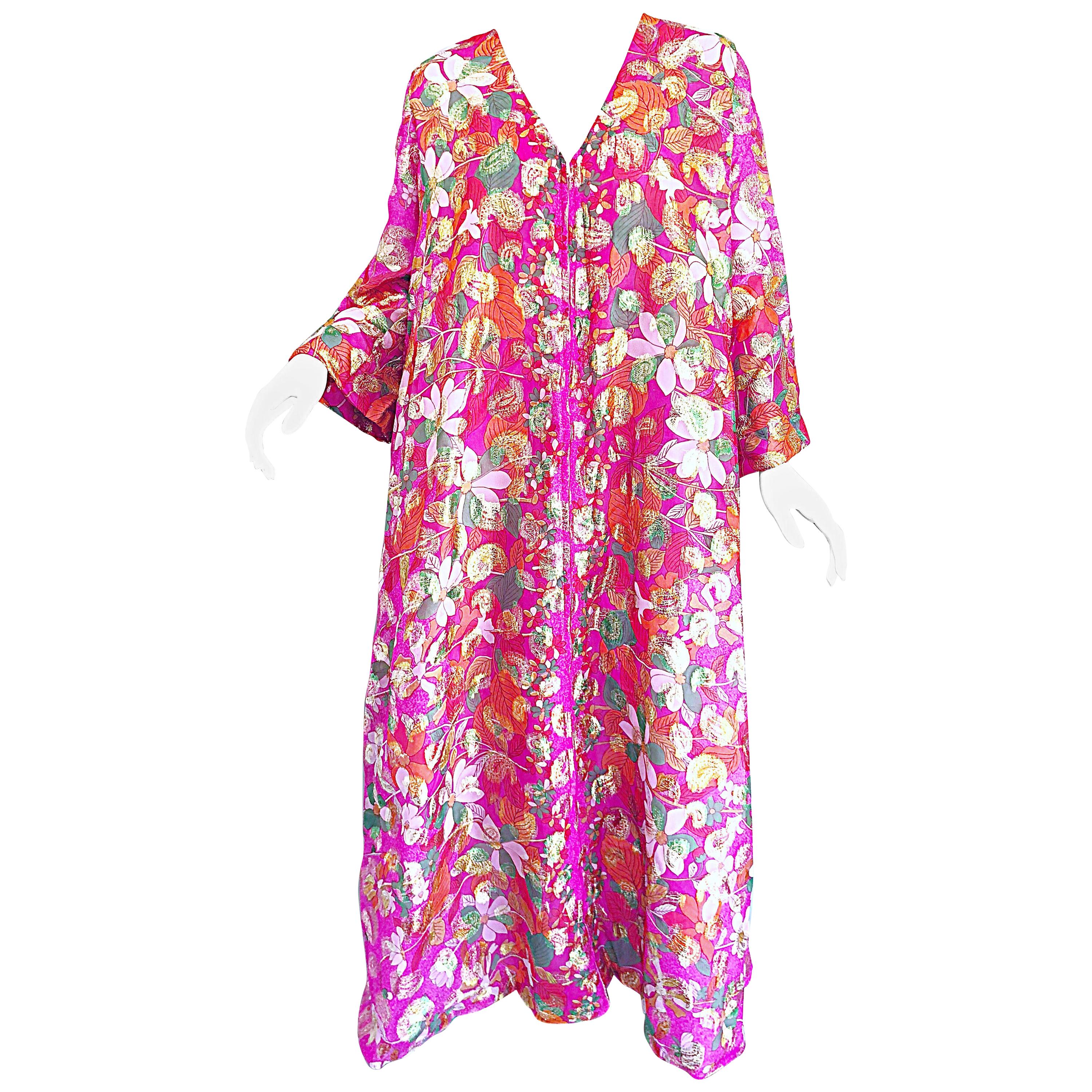 Incredible 1970s Saks 5th Avenue Chiffon Pink + Gold Metallic Caftan Maxi Dress