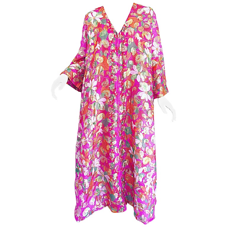 Incredible 1970s Saks 5th Avenue Chiffon Pink + Gold Metallic Caftan