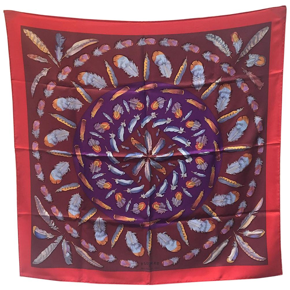 Hermes Vintage Plumes Silk Scarf c1950s in Red and Purple