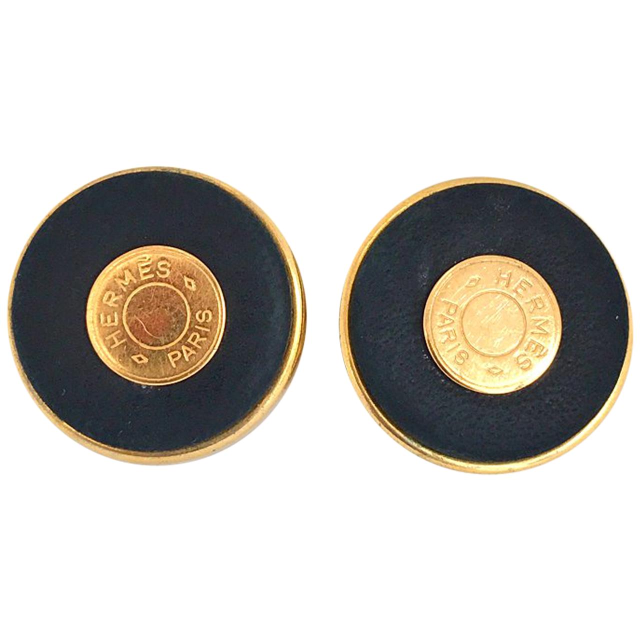 Hermes 24 Karat Gold Plated Black Leather Statement Clip on Earrings with Logo