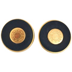Hermes 24 Karat Gold Plated Black Leather Statement Clip on Earrings with Logo