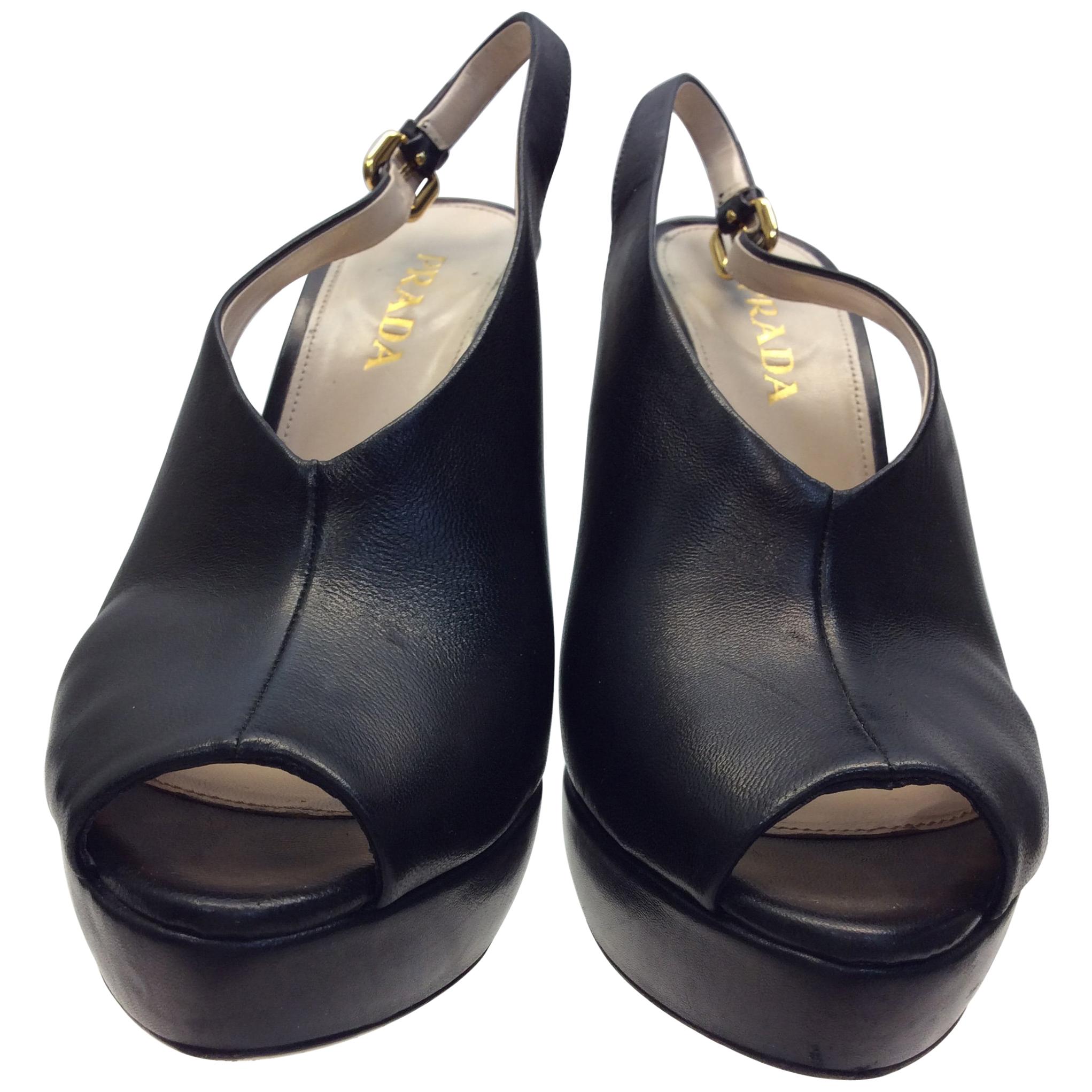 Prada Black Leather Peep Toe Heels For Sale