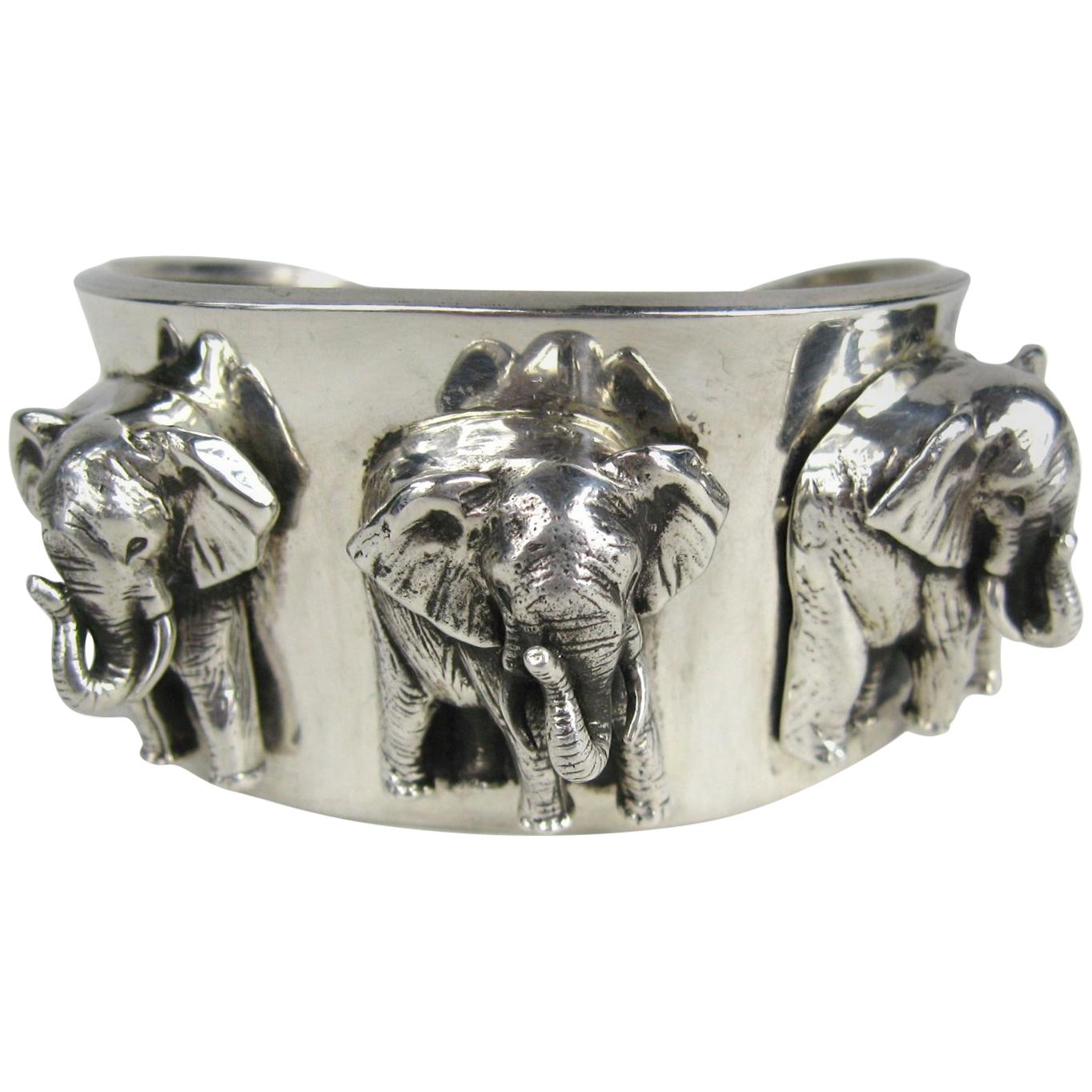 Carol Felley Sterling Silver Elephant Cuff Bracelet 1990s 