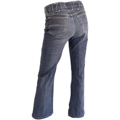 Vintage Krizia 1990s Rhinestone Encrusted Low Rise 90s Grey Boot Cut Blue Jeans