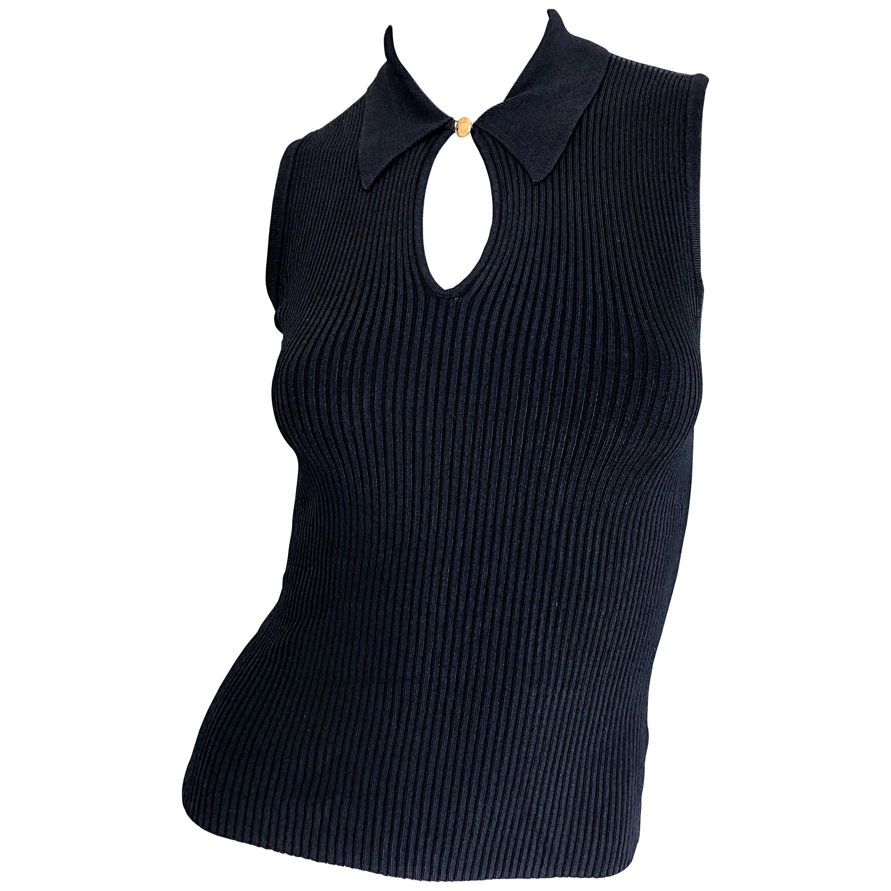 1990s Hermes Black Stretch Ribbed Keyhole Vintage 90s Sleeveless Top at ...