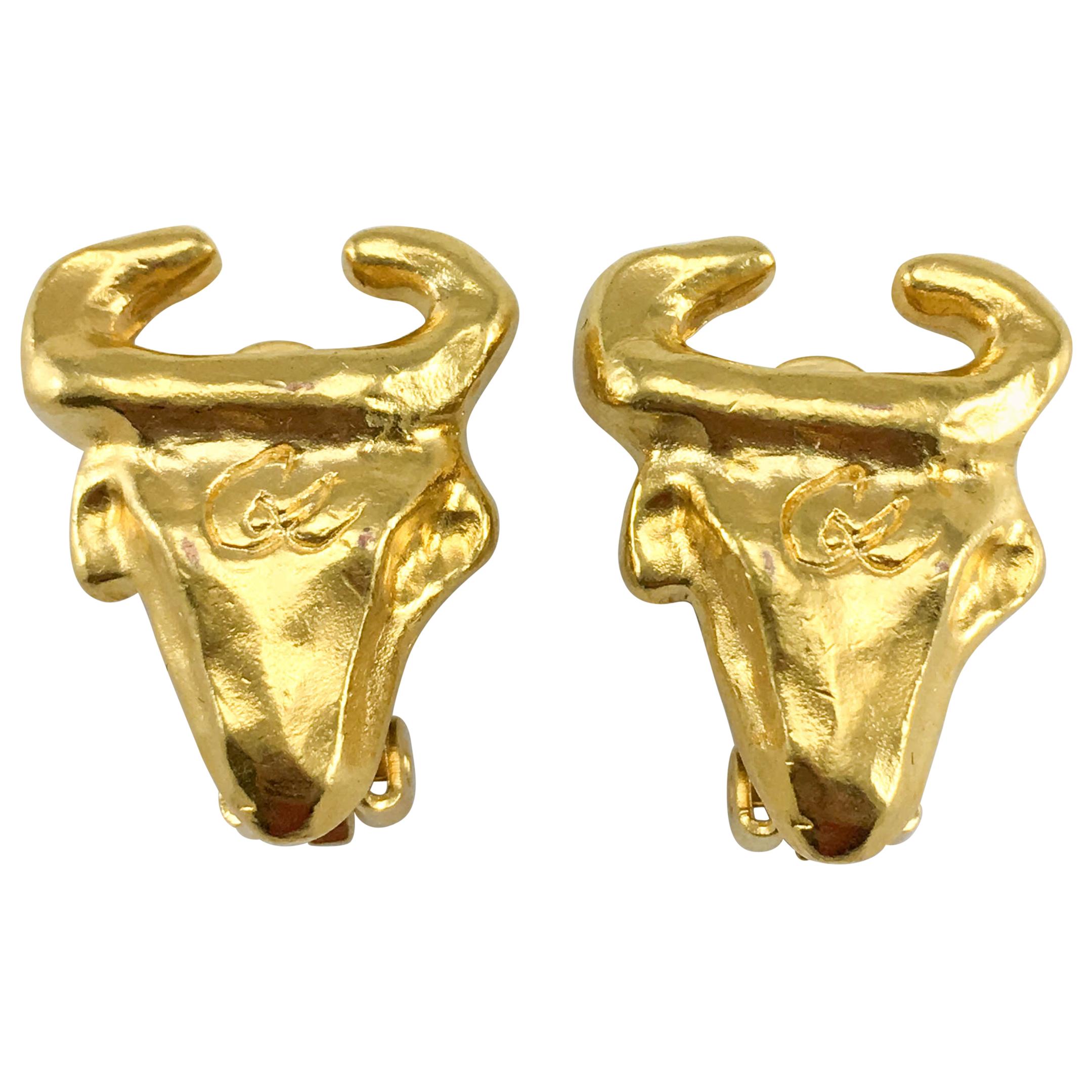 1990s Christian Lacroix Gold-Plated Bull Head Earrings For Sale