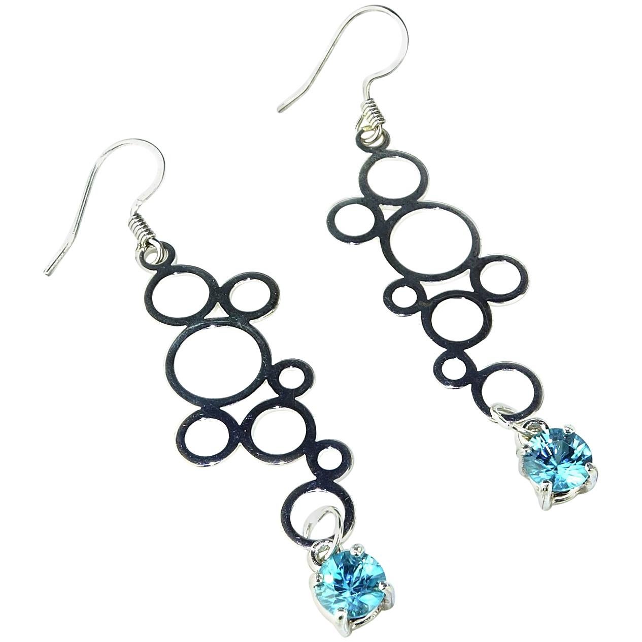 AJD Elegant Sterling Silver Circles and Blue Sri Lankan Spinel Earrings 
