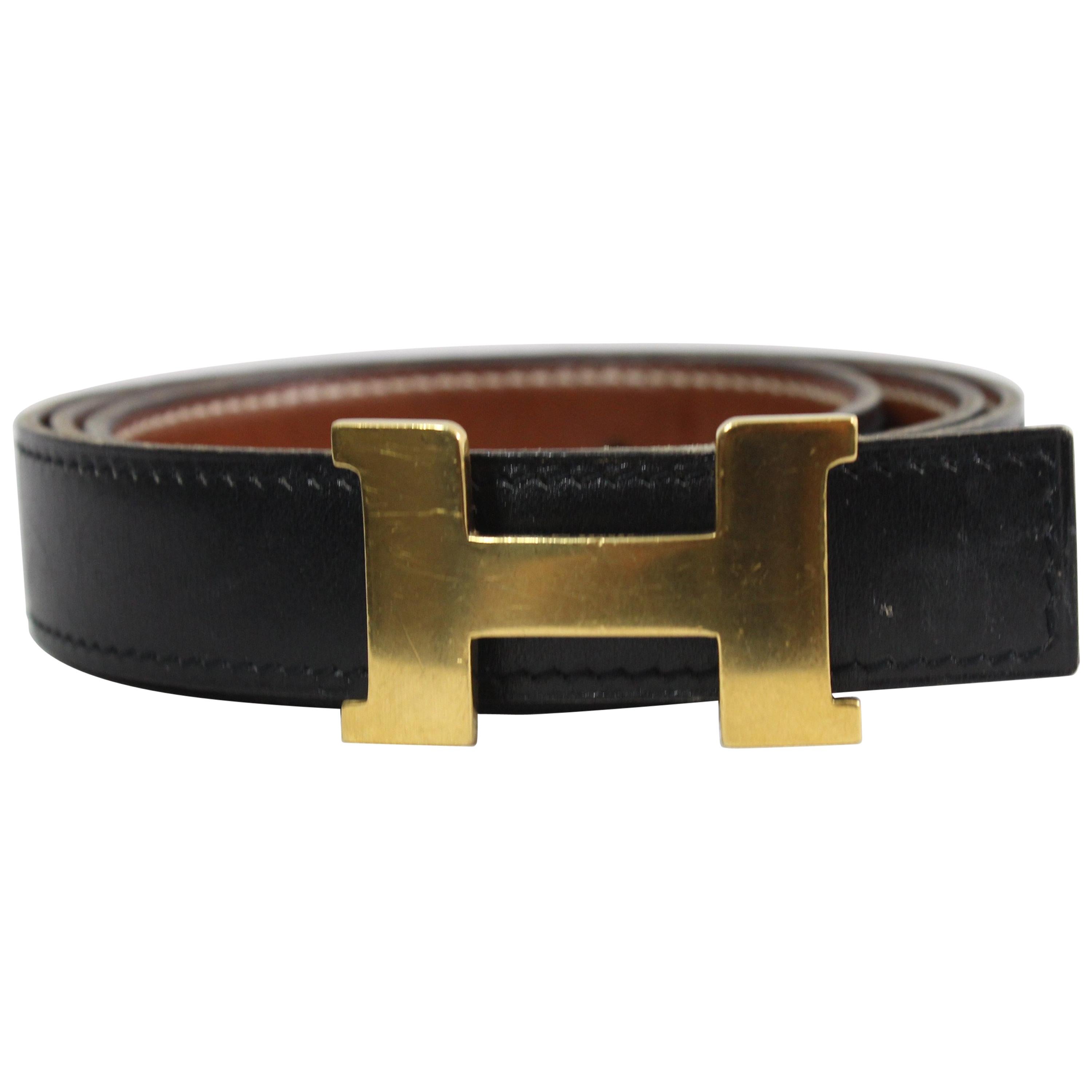 Hermes reversible H Constance Black and Gold Leather Belt. Size 84 cm