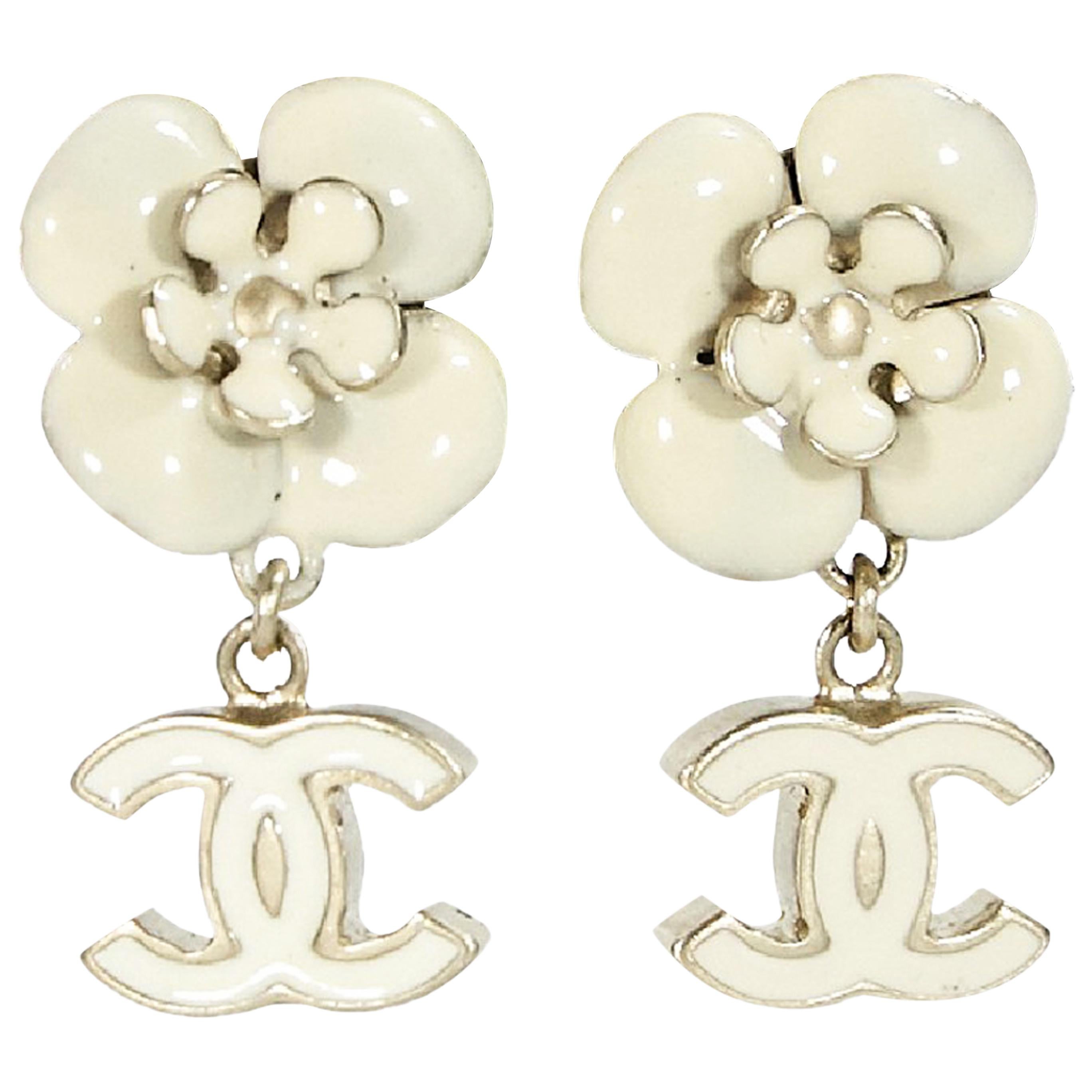 White Chanel Floral & Logo Drop Earrings