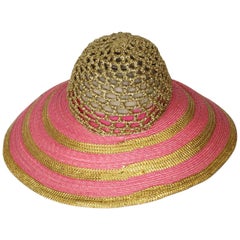 Eric Javits Pink and Gold Metallic Striped  Crochet Crown Hat